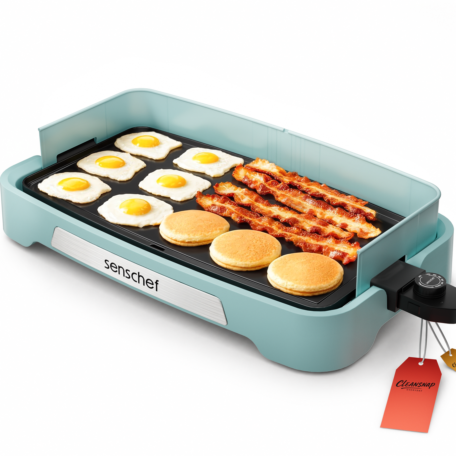 SENSCHEF Cleansnap Everyday Electric Griddle,The Ultimate Gift for Family Feasts - 20” Nonstick Grill with Foldable Anti-Mess Shield, Rapid 1700W Heat & PPG Ceramic Coating, Dishwasher Safe, Saga Blue