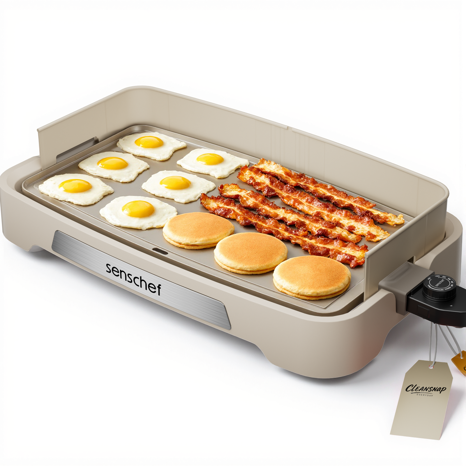 SENSCHEF Cleansnap Everyday Electric Griddle, Great Gift for Family Feasts - 20” Nonstick Grill with Foldable Anti-Mess Shield, Rapid 1700W Hea & PPG Ceramic Coating, Dishwasher Safe, Vanilla Cream