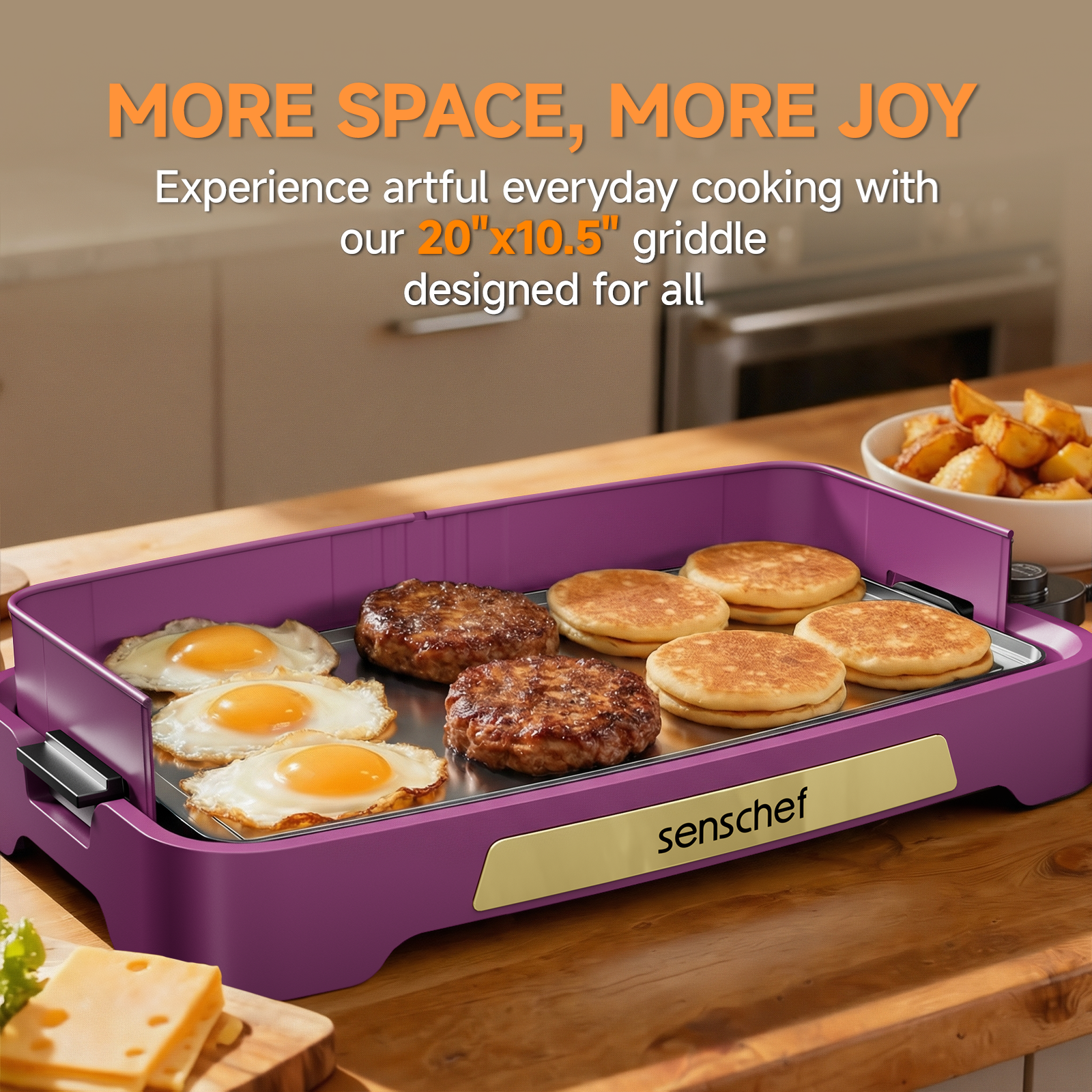 SENSCHEF Cleansnap Everyday Electric Griddle, Great Gift for Family Feasts - 20” Nonstick Grill with Foldable Anti-Mess Shield, Rapid 1700W Heat & PPG Ceramic Coating, Dishwasher Safe, Twilight Purple