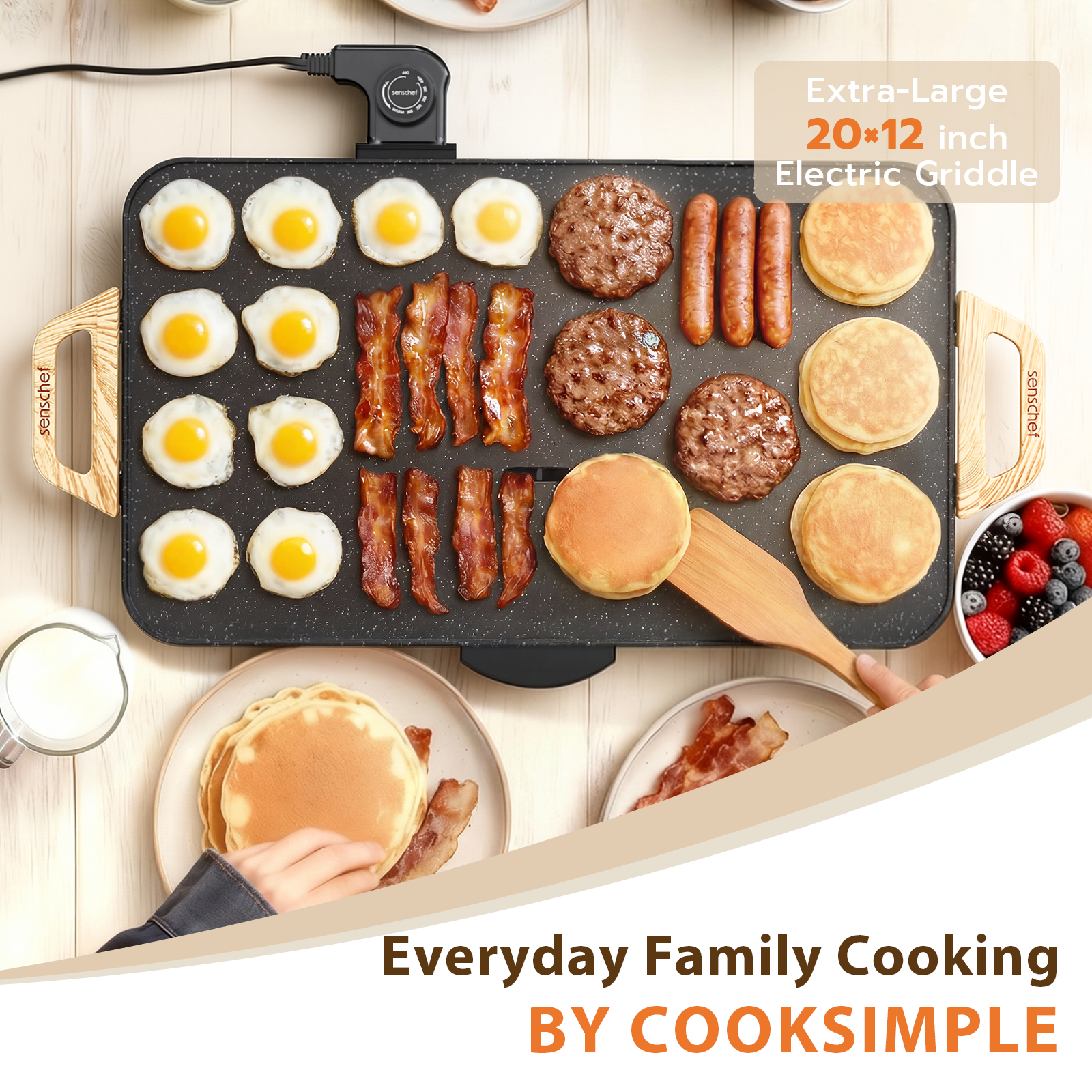 SENSCHEF CookSimple Everyday 20"x12" Electric Griddle–1700W Nonstick ILAG Granite Surface, Large Flat Design, Perfect for Family Meals, Pancakes&Eggs, Fast Even Heating, Easy to Clean, Granite Black