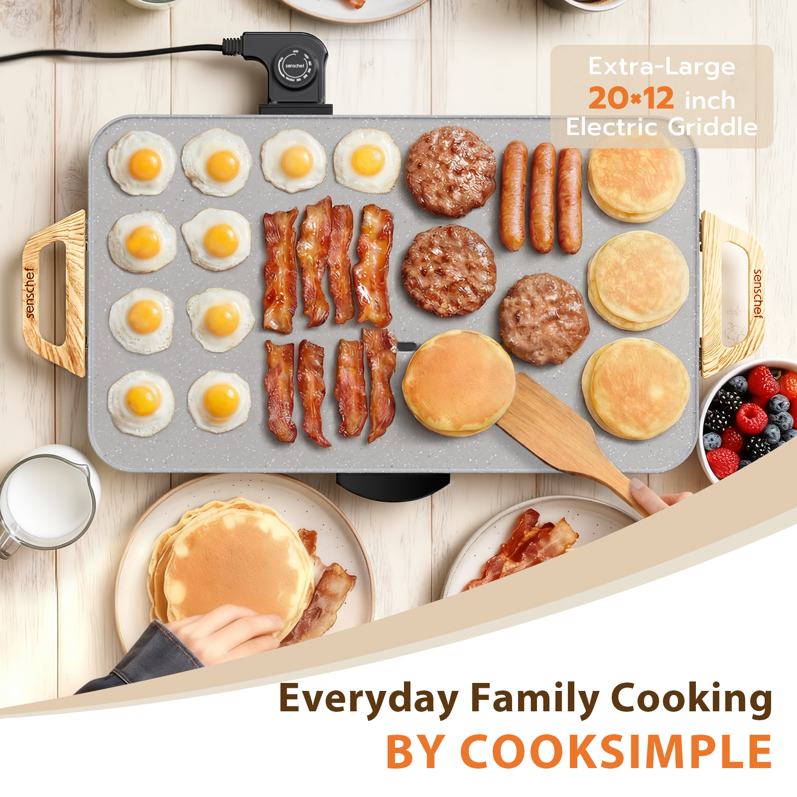 SENSCHEF CookSimple Everyday 20 Inch Electric Griddle - 1700W Nonstick ILAG Granite Surface, Large Flat Design, Fast Even Heating, Easy to Clean, Granite Grey