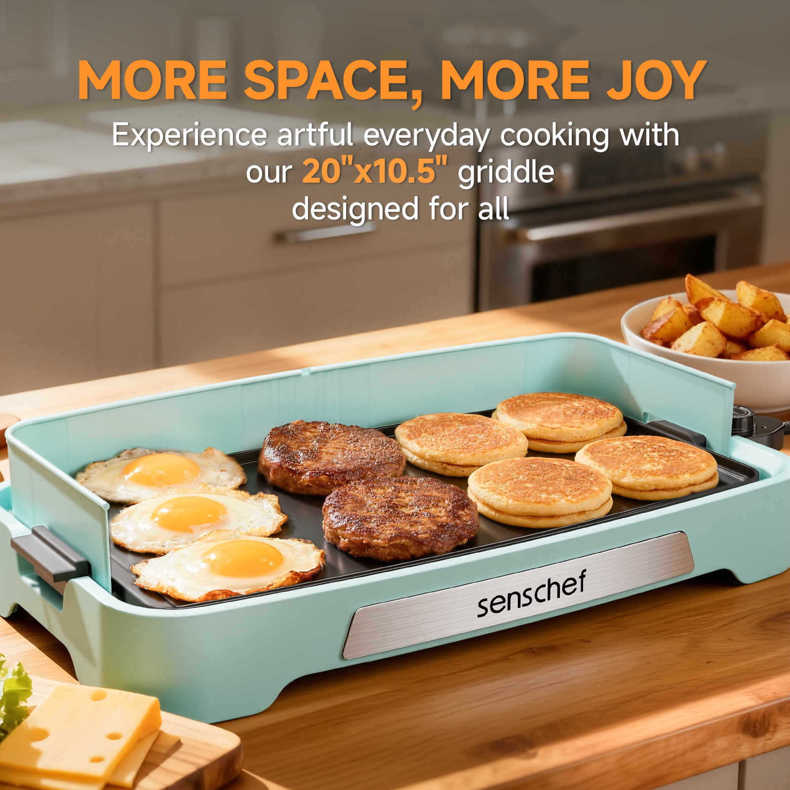SENSCHEF Cleansnap Everyday Electric Griddle,The Ultimate Gift for Family Feasts - 20” Nonstick Grill with Foldable Anti-Mess Shield, Rapid 1700W Heat & PPG Ceramic Coating, Dishwasher Safe, Saga Blue