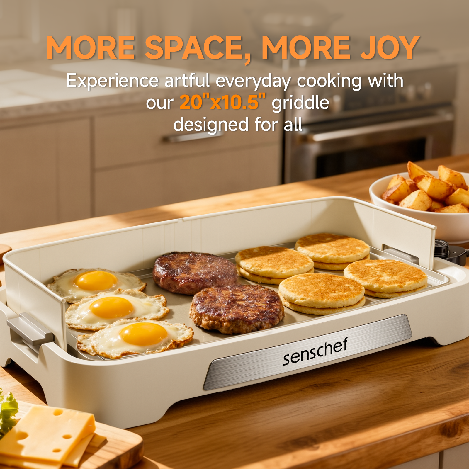 SENSCHEF Cleansnap Everyday Electric Griddle, Great Gift for Family Feasts - 20” Nonstick Grill with Foldable Anti-Mess Shield, Rapid 1700W Hea & PPG Ceramic Coating, Dishwasher Safe, Vanilla Cream