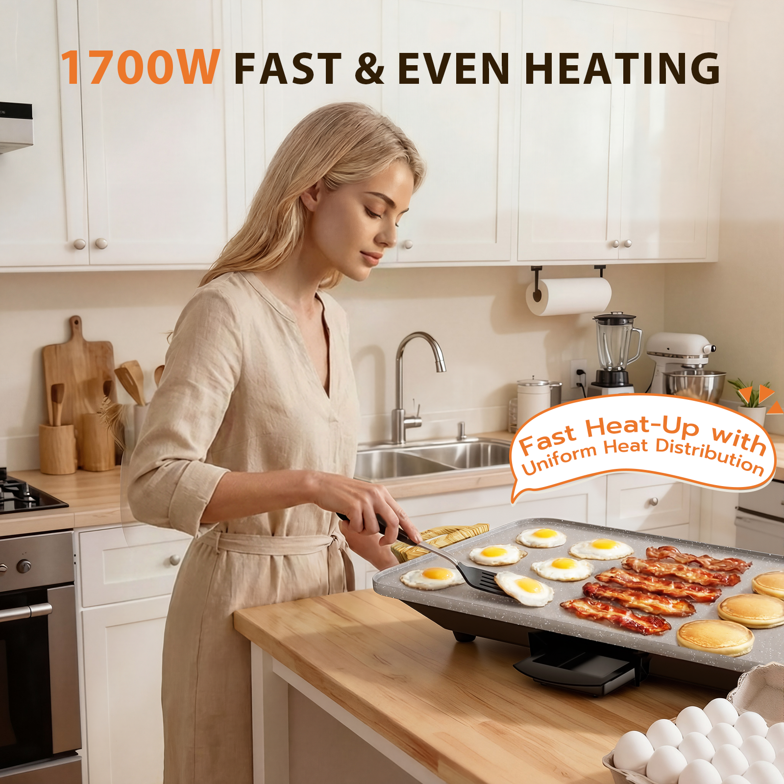 SENSCHEF CookSimple Everyday 20 Inch Electric Griddle - 1700W Nonstick ILAG Granite Surface, Large Flat Design, Fast Even Heating, Easy to Clean, Granite Grey