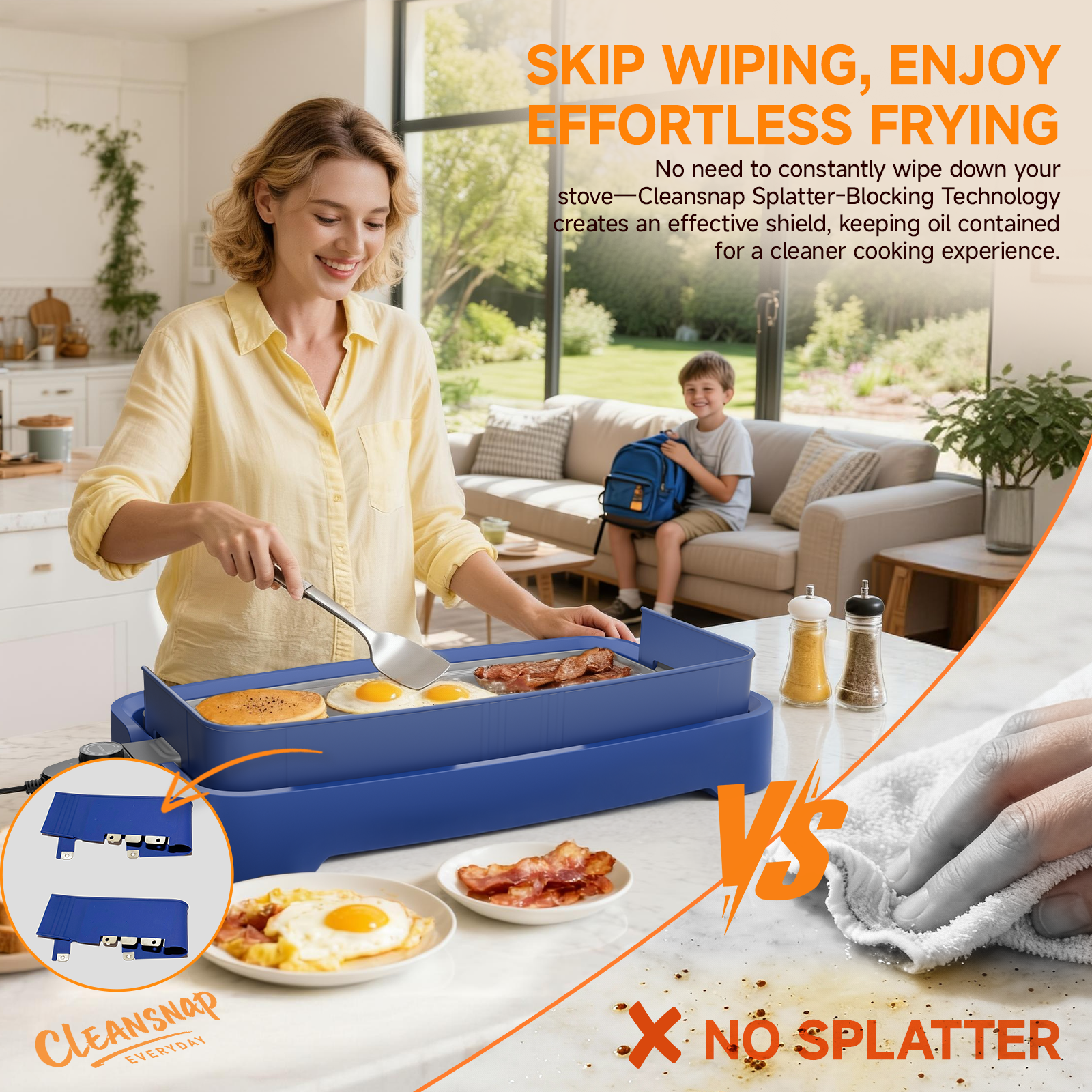 SENSCHEF Cleansnap Everyday Electric Griddle,The Ultimate Gift for Family Feasts - 20” Nonstick Grill with Foldable Anti-Mess Shield, Rapid 1700W Heat&PPG Ceramic Coating, Dishwasher Safe, Ocean Blue