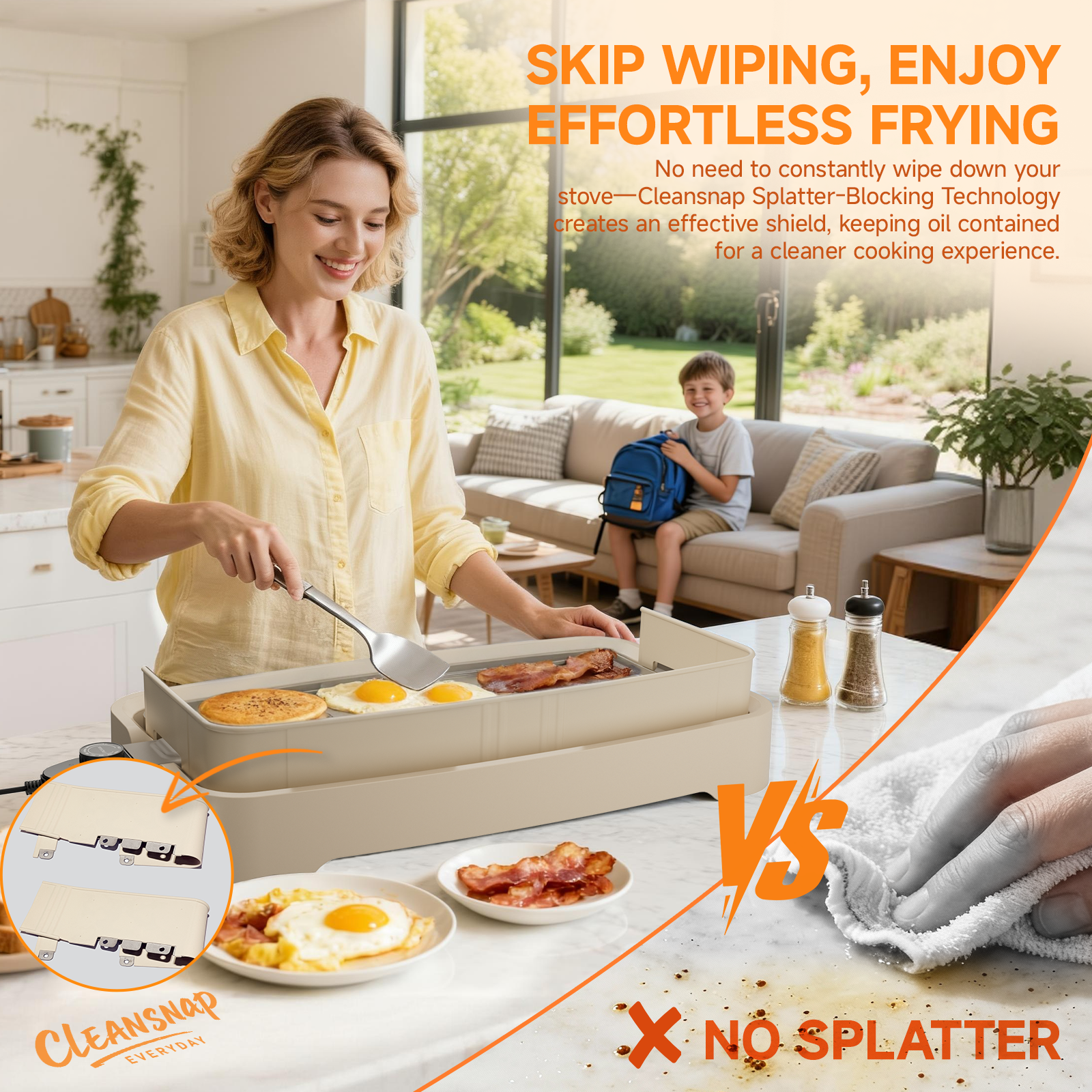 SENSCHEF Cleansnap Everyday Electric Griddle, Great Gift for Family Feasts - 20” Nonstick Grill with Foldable Anti-Mess Shield, Rapid 1700W Hea & PPG Ceramic Coating, Dishwasher Safe, Vanilla Cream