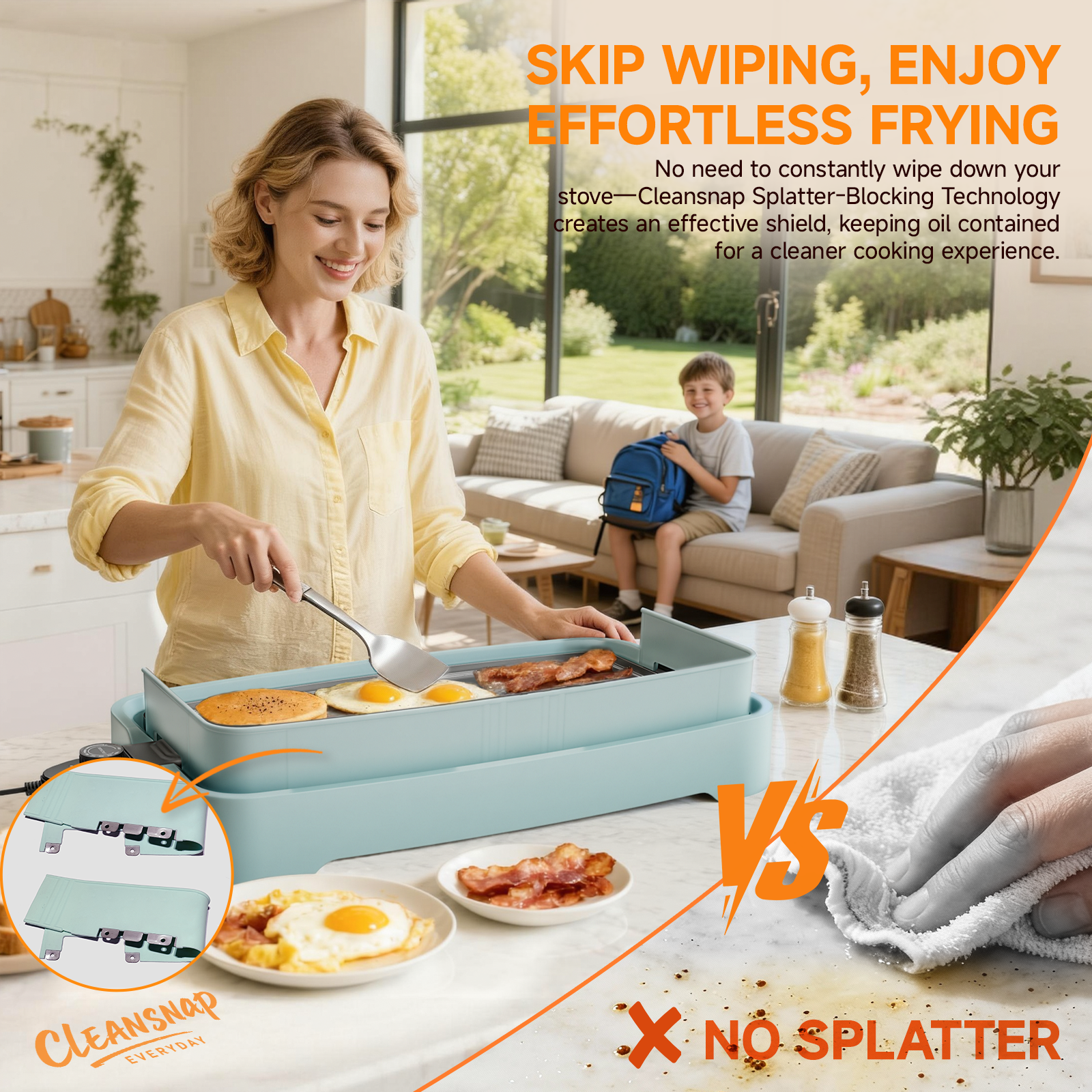 SENSCHEF Cleansnap Everyday Electric Griddle,The Ultimate Gift for Family Feasts - 20” Nonstick Grill with Foldable Anti-Mess Shield, Rapid 1700W Heat & PPG Ceramic Coating, Dishwasher Safe, Saga Blue