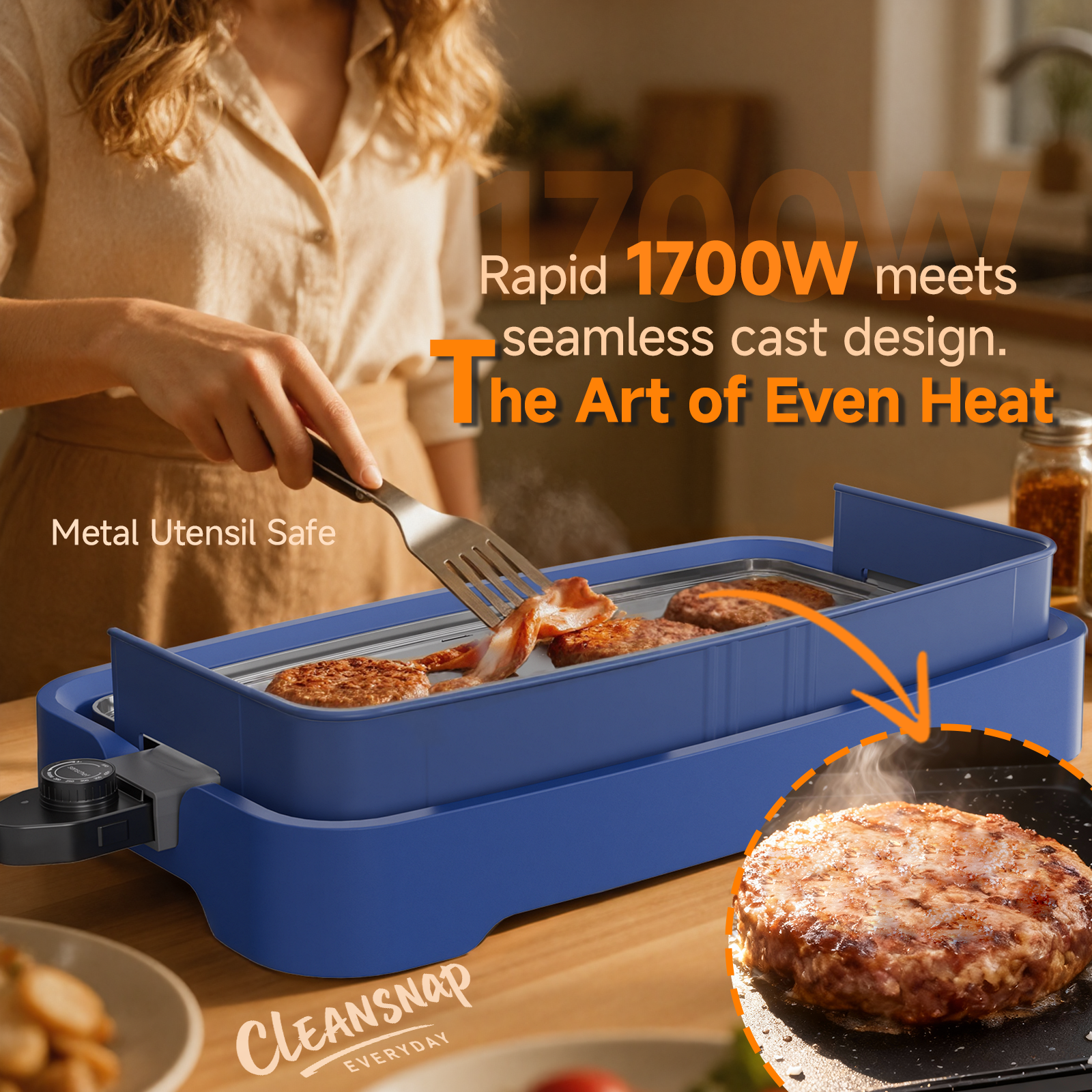 SENSCHEF Cleansnap Everyday Electric Griddle,The Ultimate Gift for Family Feasts - 20” Nonstick Grill with Foldable Anti-Mess Shield, Rapid 1700W Heat&PPG Ceramic Coating, Dishwasher Safe, Ocean Blue
