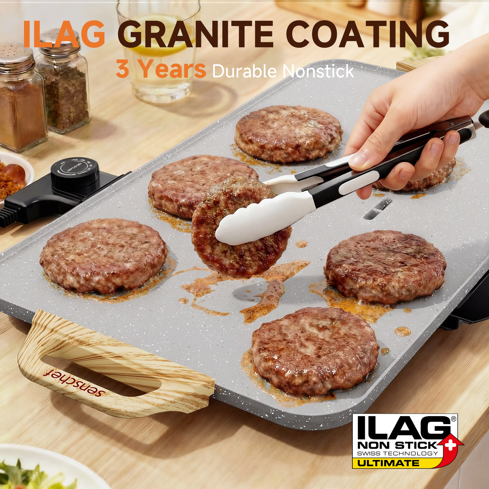 SENSCHEF CookSimple Everyday 20 Inch Electric Griddle - 1700W Nonstick ILAG Granite Surface, Large Flat Design, Fast Even Heating, Easy to Clean, Granite Grey