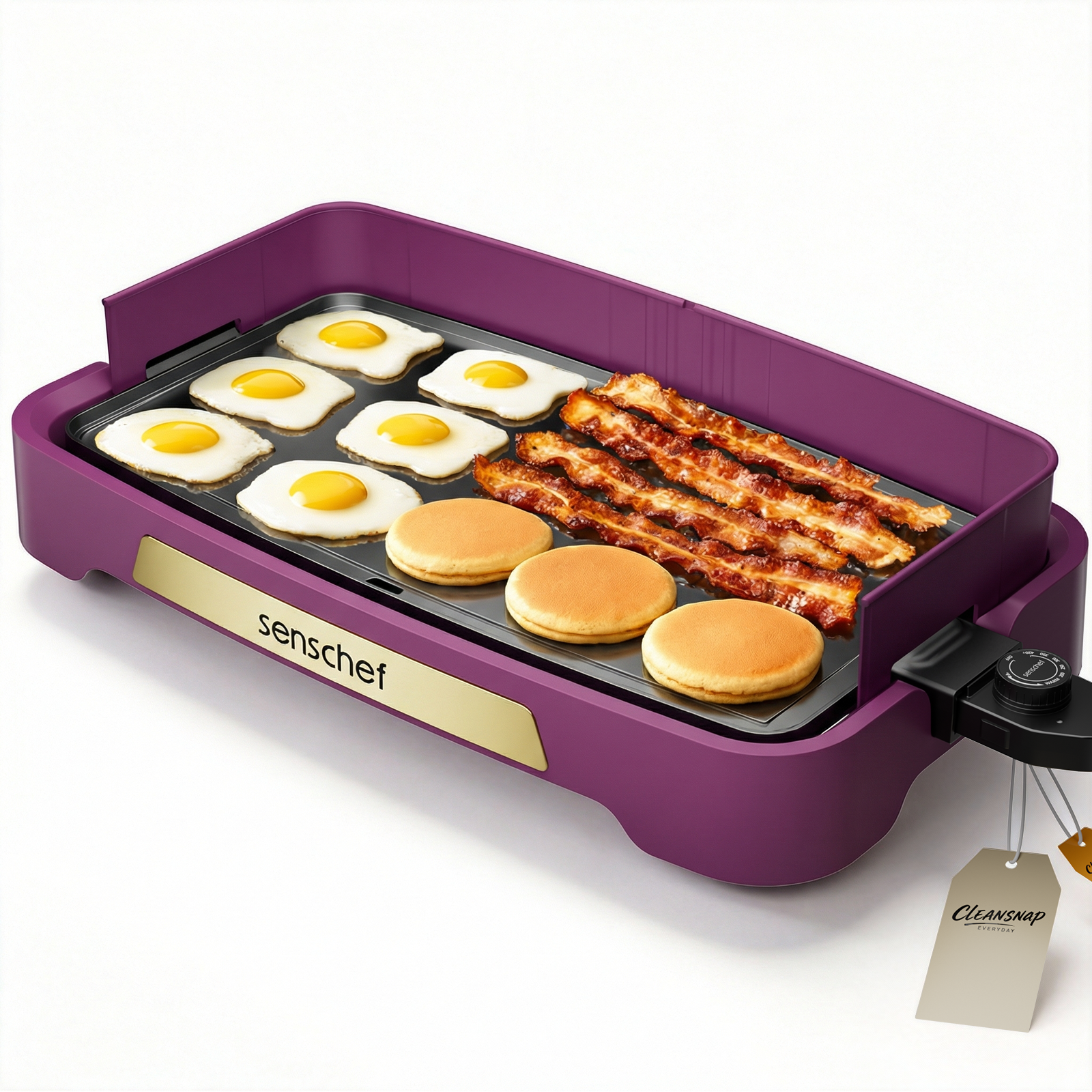 SENSCHEF Cleansnap Everyday Electric Griddle, Great Gift for Family Feasts - 20” Nonstick Grill with Foldable Anti-Mess Shield, Rapid 1700W Heat & PPG Ceramic Coating, Dishwasher Safe, Twilight Purple