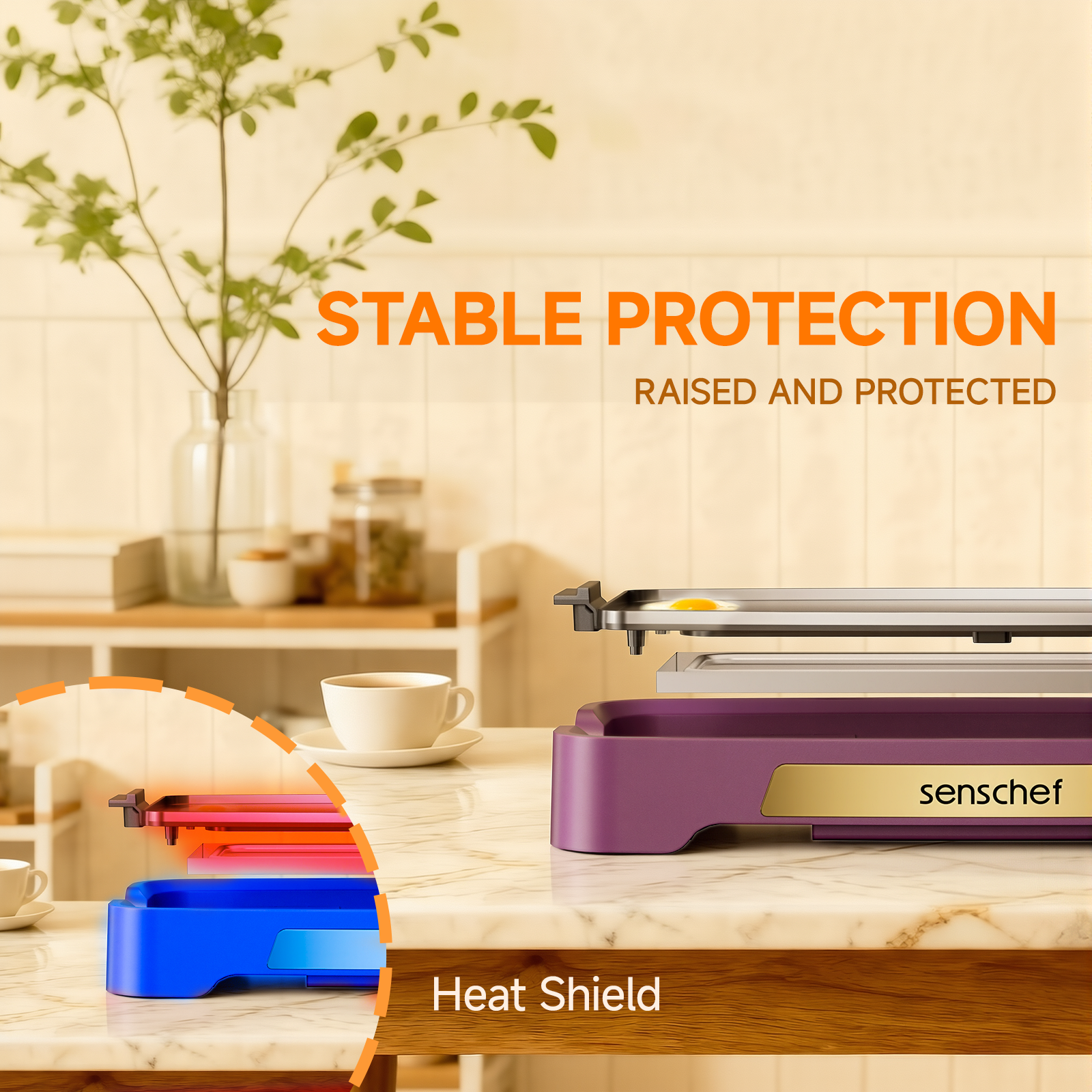 SENSCHEF Cleansnap Everyday Electric Griddle, Great Gift for Family Feasts - 20” Nonstick Grill with Foldable Anti-Mess Shield, Rapid 1700W Heat & PPG Ceramic Coating, Dishwasher Safe, Twilight Purple