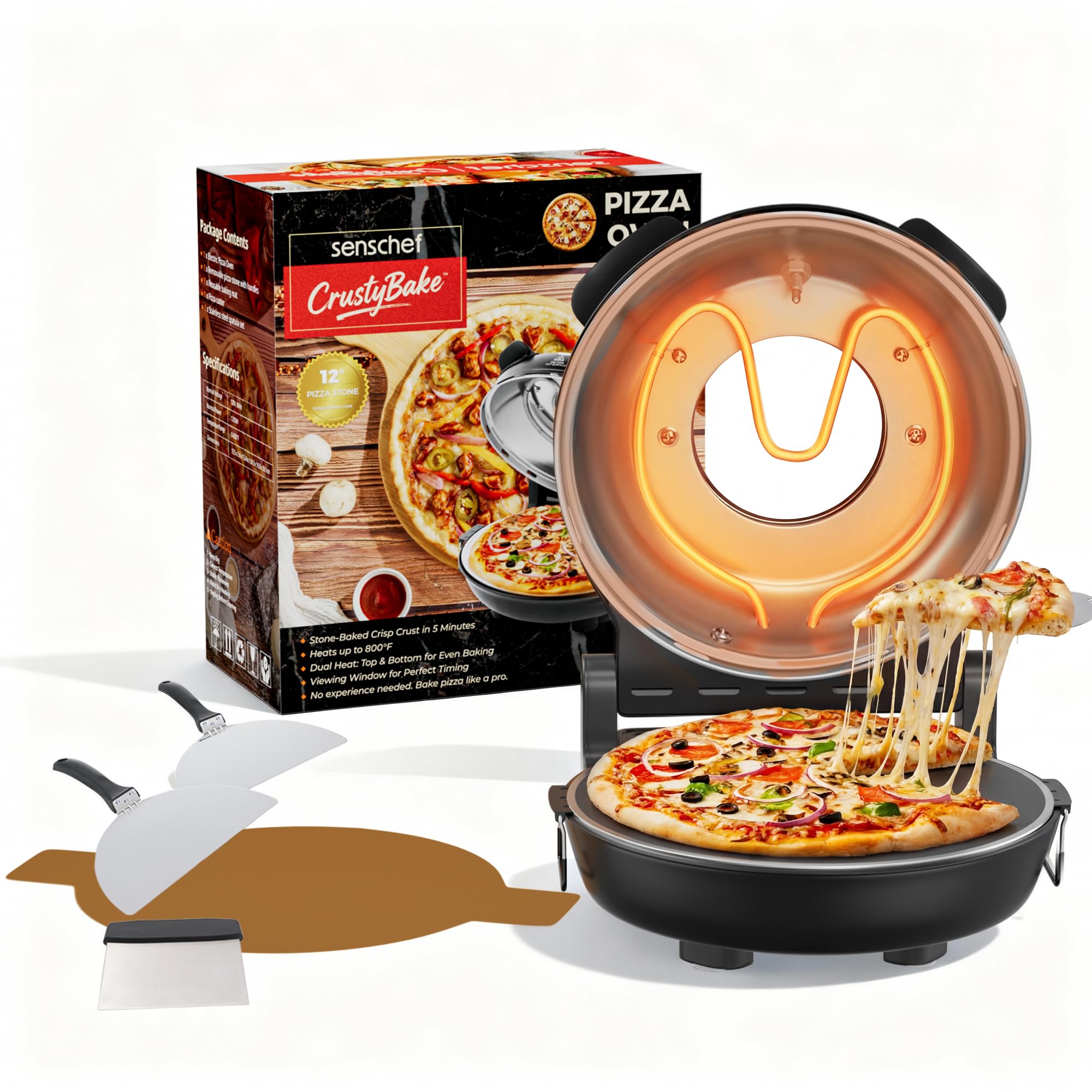 SENSCHEF 12-Inch CrustyBake Beginner's Glazed Stone Pizza Oven: Quick 800°F Heating, Easy-Clean Design, Recipe Book & All Tools Included - Perfect for First-Time Pizza Makers at Home