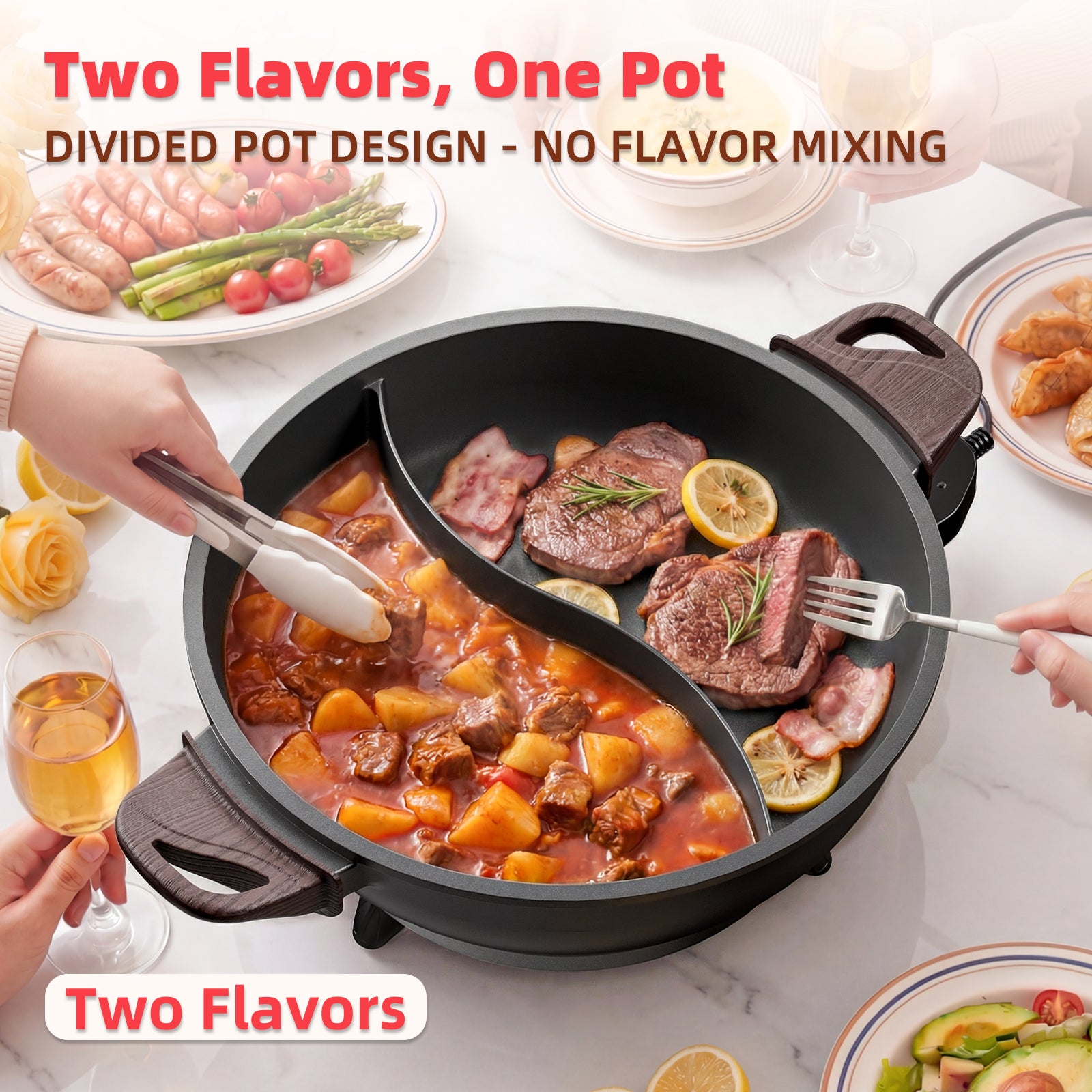 SENSCHEF TWIN™ Electric Hot Pot with Divider | PFAS-Free Ceramic Nonstick Pot | EvenHeat Cast Aluminum Body | 1500W Fast Heating | Dual-Flavor Shabu Shabu Pots for Family Use | 1-Yr Warranty