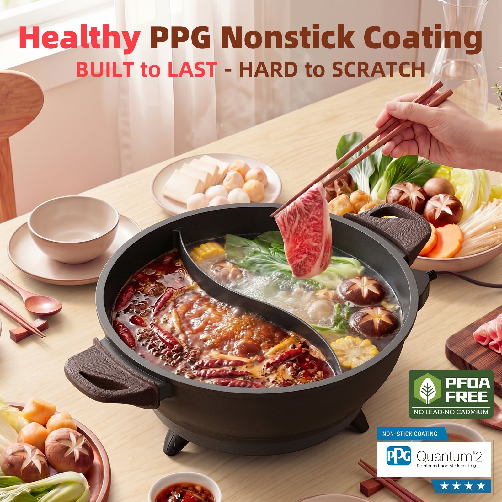 SENSCHEF TWIN™ Electric Hot Pot with Divider | PFAS-Free Ceramic Nonstick Pot | EvenHeat Cast Aluminum Body | 1500W Fast Heating | Dual-Flavor Shabu Shabu Pots for Family Use | 1-Yr Warranty