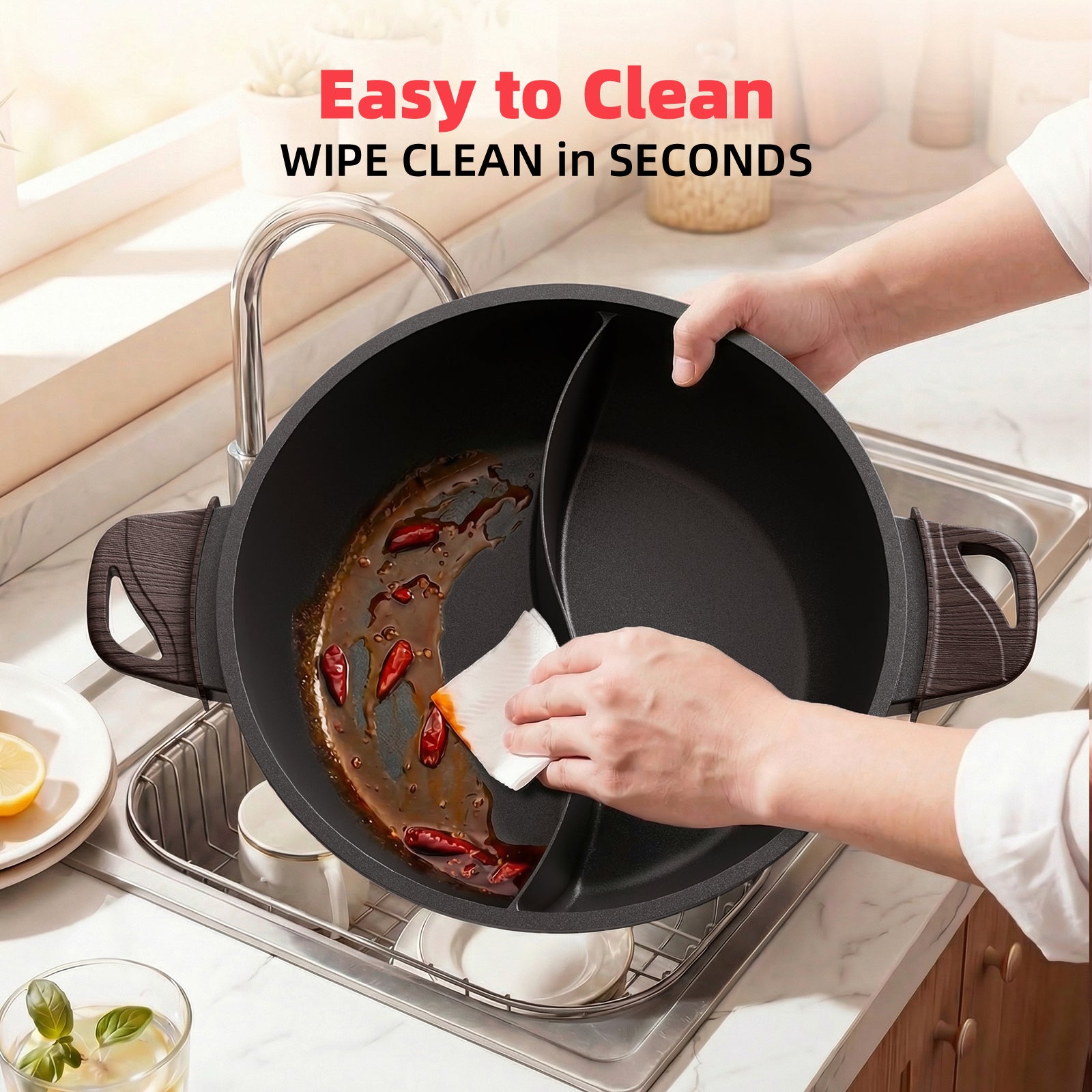 SENSCHEF TWIN™ Electric Hot Pot with Divider | PFAS-Free Ceramic Nonstick Pot | EvenHeat Cast Aluminum Body | 1500W Fast Heating | Dual-Flavor Shabu Shabu Pots for Family Use | 1-Yr Warranty