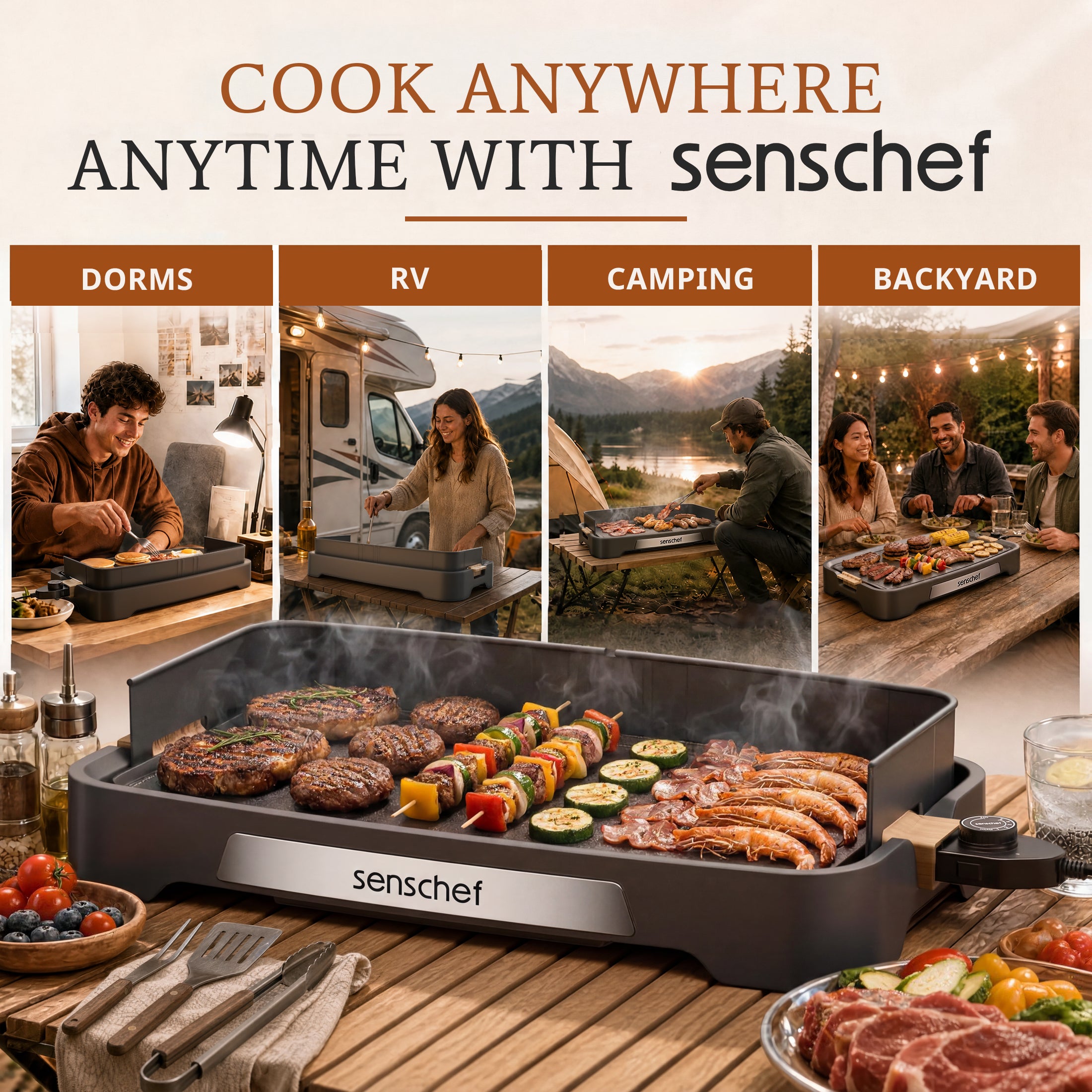 SENSCHEF 20 inch Electric Griddle, 1700W Rapid Heating, Foldable Anti-Mess Shield, ILAG Nonstick, Dishwasher Safe