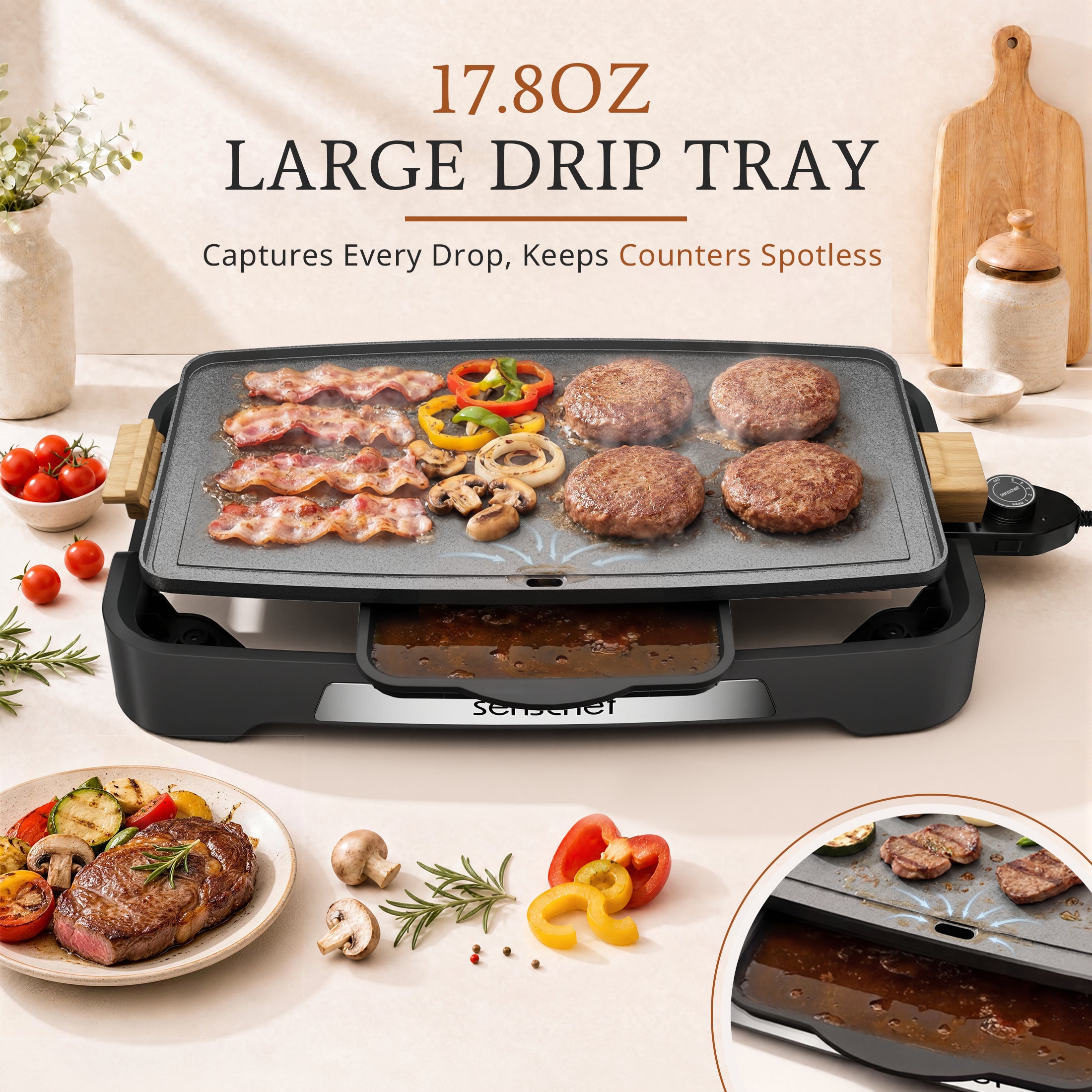 SENSCHEF 20 inch Electric Griddle, 1700W Rapid Heating, Foldable Anti-Mess Shield, ILAG Nonstick, Dishwasher Safe