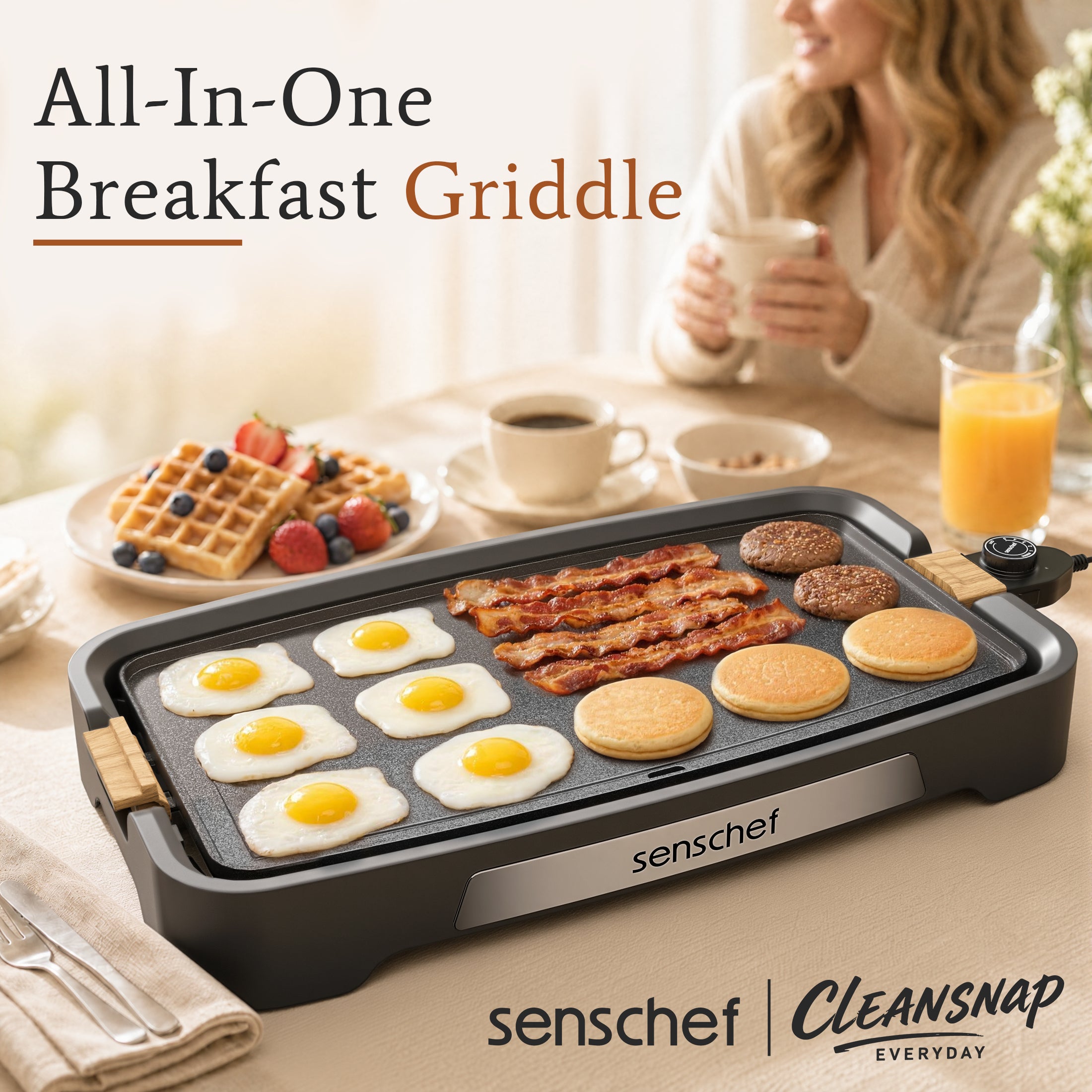 SENSCHEF 20 inch Electric Griddle, 1700W Rapid Heating, Foldable Anti-Mess Shield, ILAG Nonstick, Dishwasher Safe