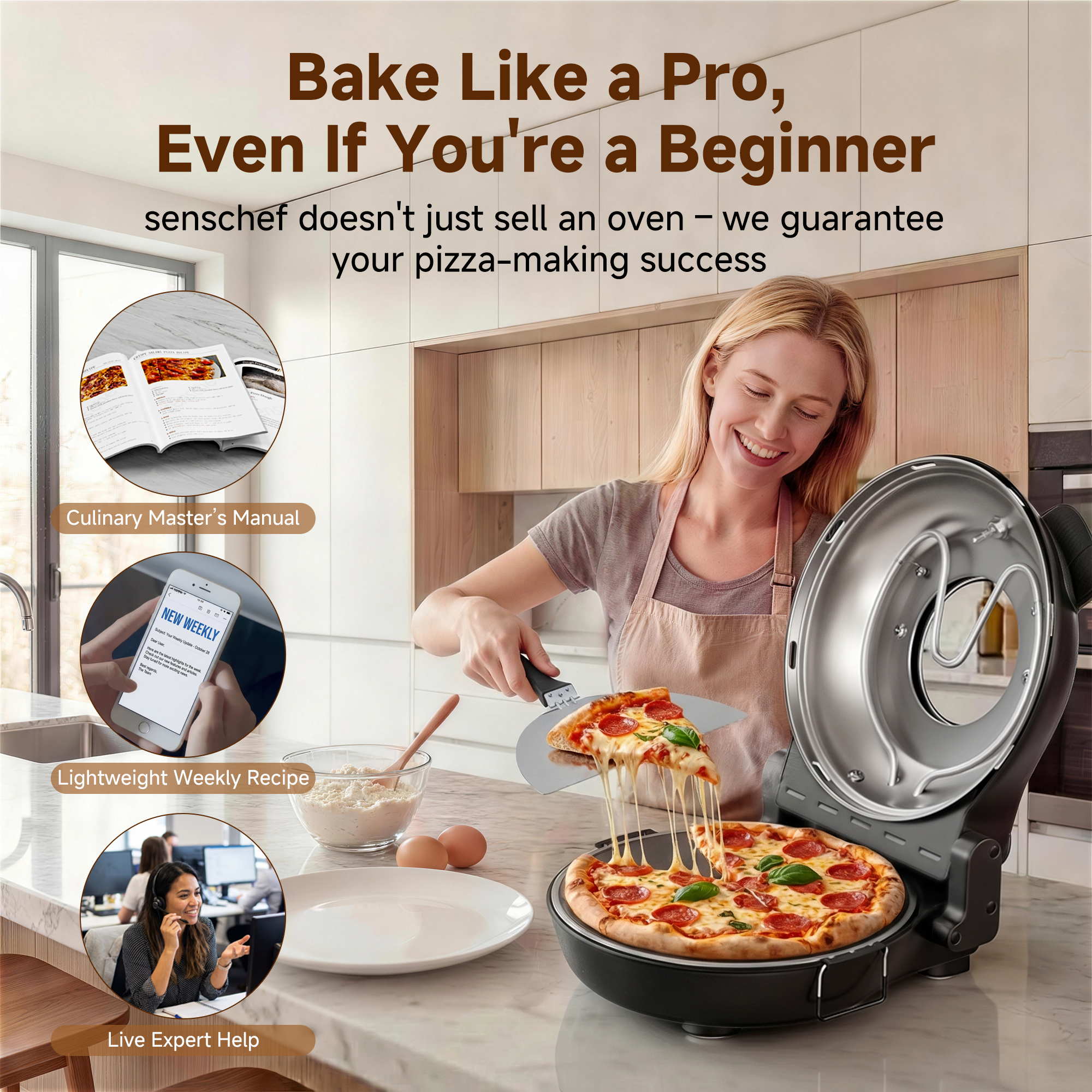SENSCHEF 12 Inch Crusty Bake Electric Pizza Oven – 800°F Indoor Countertop Cooker, Dual Heat Control, 5-Min Pizzeria Pizza, Tools & Recipe Book Included, Glazed Stone for Crispy Crust
