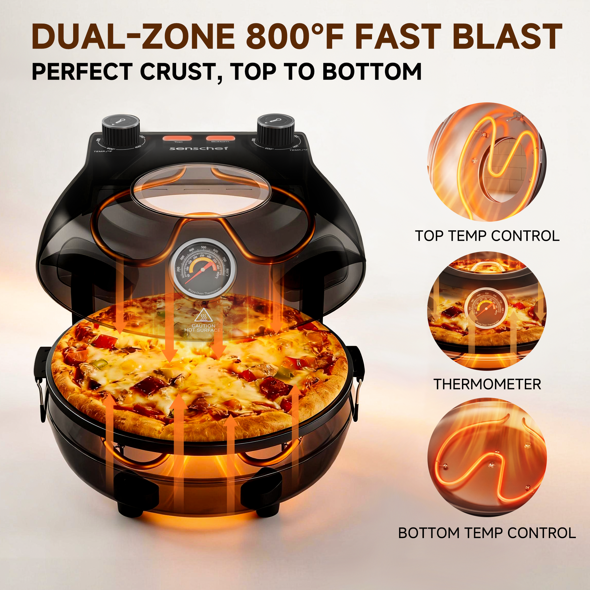 SENSCHEF 12 Inch CrustyBake Electric Pizza Oven – 800°F Indoor Countertop Cooker, Dual Heat Control, 5-Min Pizzeria Pizza, Tools & Recipe Book Included, Ceramic Stone for Crispy Crust