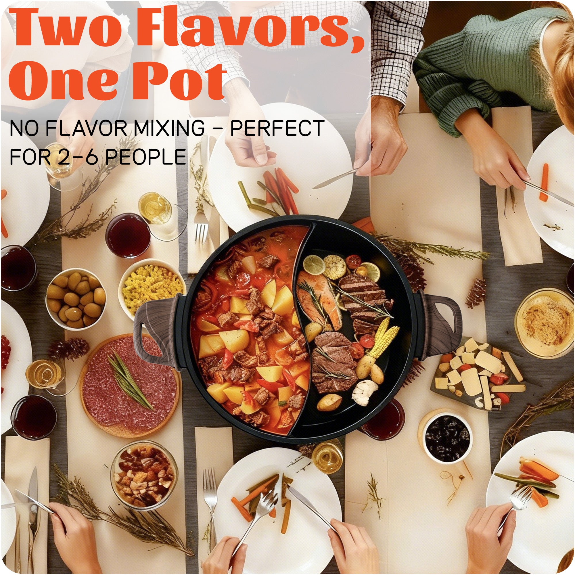 SENSCHEF Electric Hot Pot with Divider | PFAS-Free Ceramic Nonstick Pot | EvenHeat Cast Aluminum Body | 1500W Fast Heating | Dual-Flavor Shabu Shabu Pots for Family Use | 1-Yr Warranty