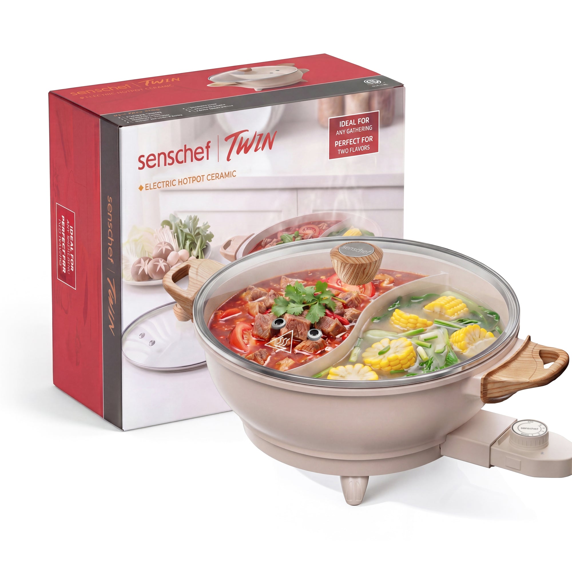 SENSCHEF Electric Hot Pot with Divider | PFAS-Free Ceramic Nonstick Pot | EvenHeat Cast Aluminum Body | 1500W Fast Heating | Dual-Flavor Shabu Shabu Pots for Family Use | 1-Yr Warranty