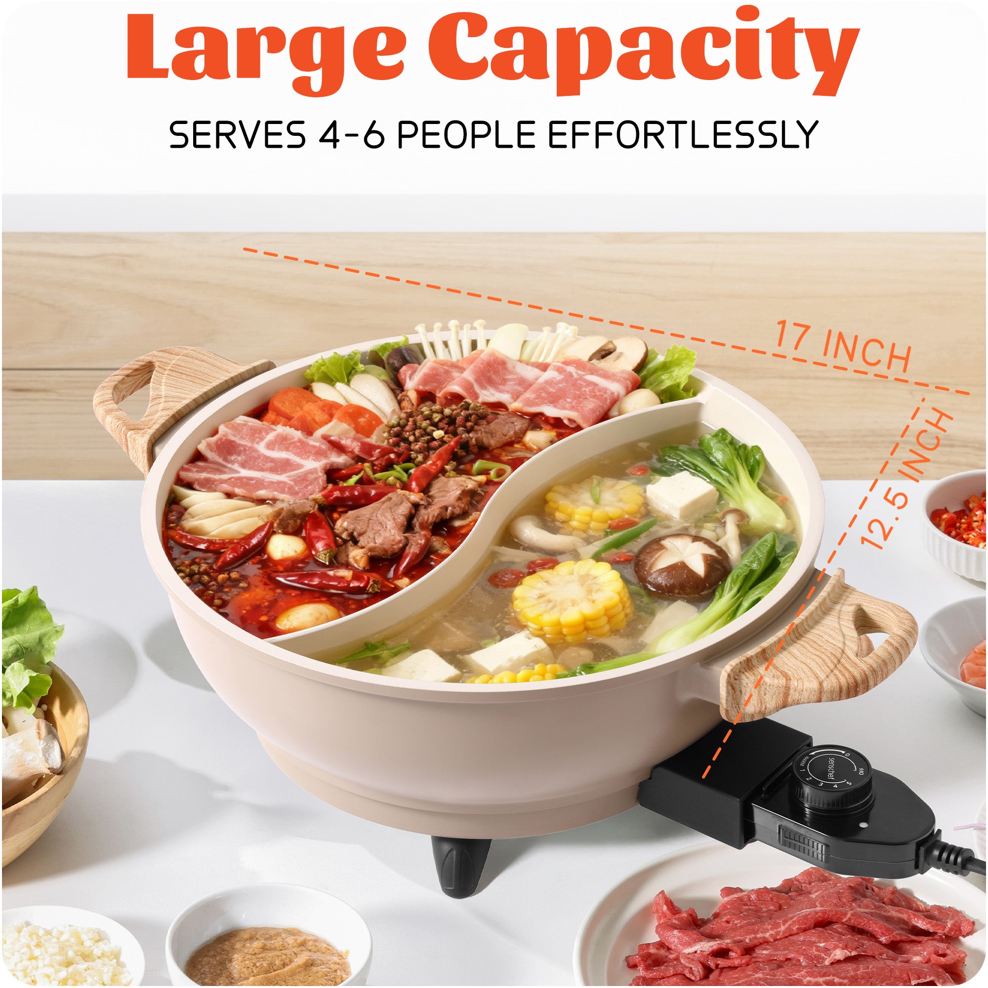 SENSCHEF Electric Hot Pot with Divider | PFAS-Free Ceramic Nonstick Pot | EvenHeat Cast Aluminum Body | 1500W Fast Heating | Dual-Flavor Shabu Shabu Pots for Family Use | 1-Yr Warranty