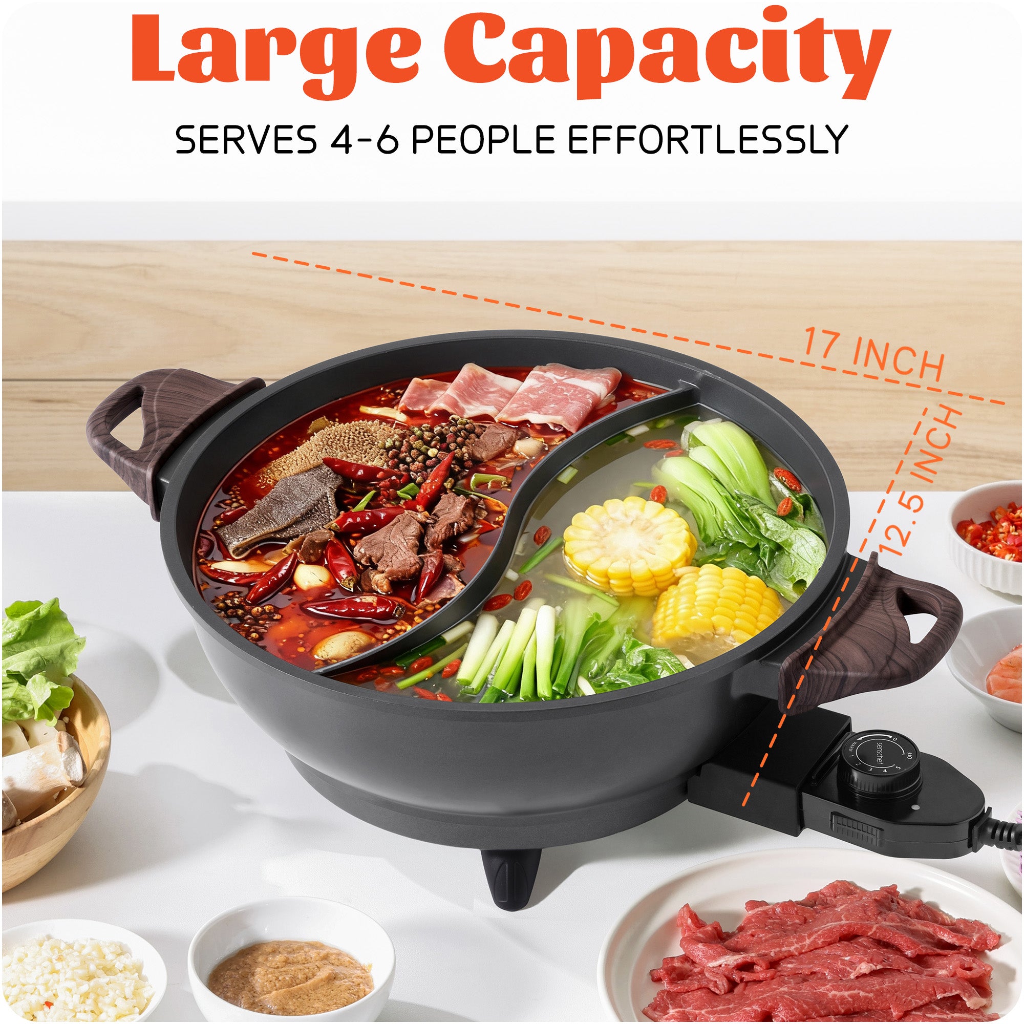 SENSCHEF Electric Hot Pot with Divider | PFAS-Free Ceramic Nonstick Pot | EvenHeat Cast Aluminum Body | 1500W Fast Heating | Dual-Flavor Shabu Shabu Pots for Family Use | 1-Yr Warranty