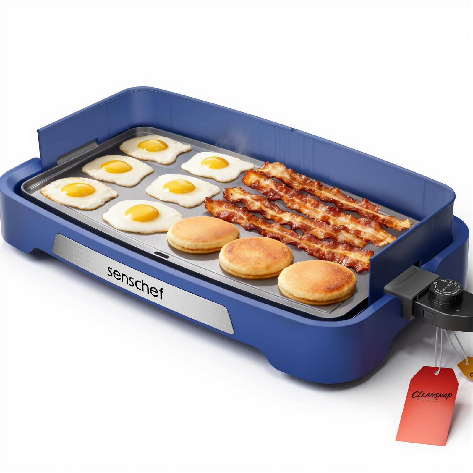 SENSCHEF Cleansnap Everyday Electric Griddle,The Ultimate Gift for Family Feasts - 20” Nonstick Grill with Foldable Anti-Mess Shield, Rapid 1700W Heat&PPG Ceramic Coating, Dishwasher Safe, Ocean Blue