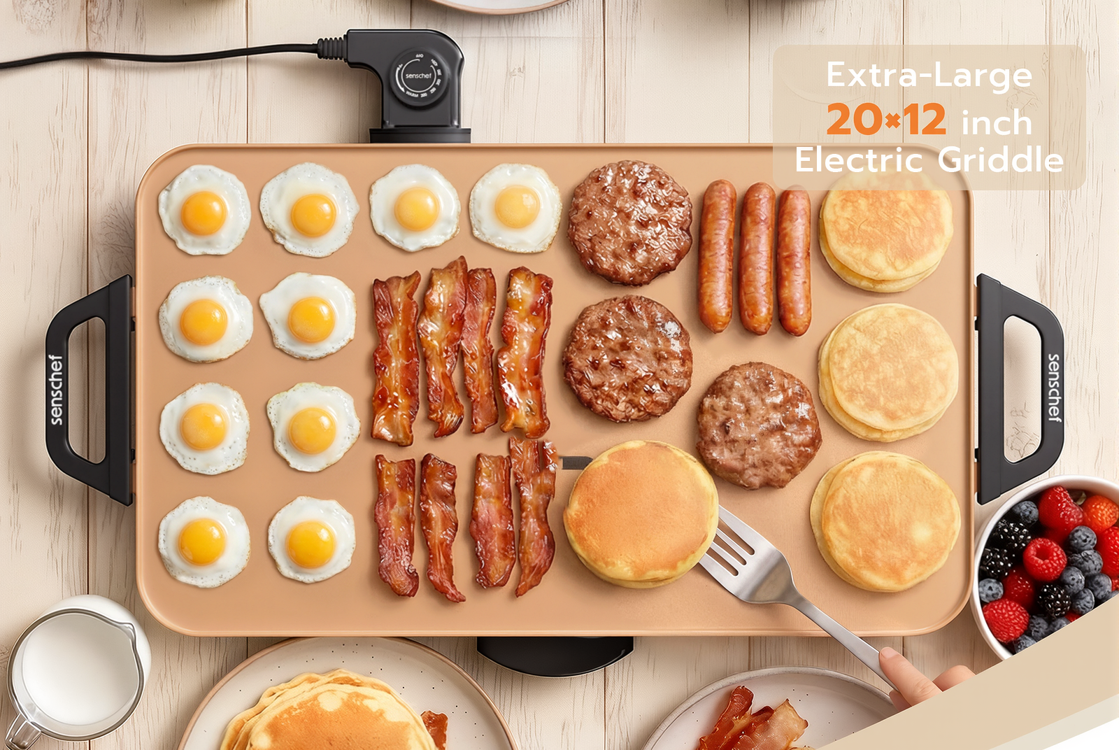 SENSCHEF CookSimple Everyday 20"x12" Electric Griddle–1700W Nonstick PPG Ceramic Surface, Large Flat Design, Perfect for Family Meals, Pancakes&Eggs, Fast Even Heating, Easy to Clean, Ceramic Copper