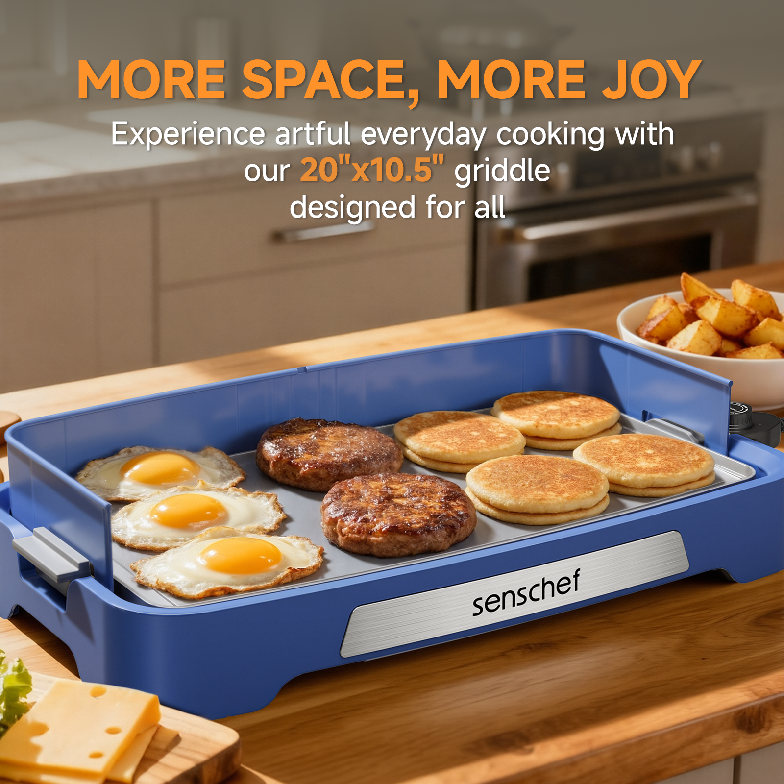 SENSCHEF Cleansnap Everyday Electric Griddle,The Ultimate Gift for Family Feasts - 20” Nonstick Grill with Foldable Anti-Mess Shield, Rapid 1700W Heat&PPG Ceramic Coating, Dishwasher Safe, Ocean Blue