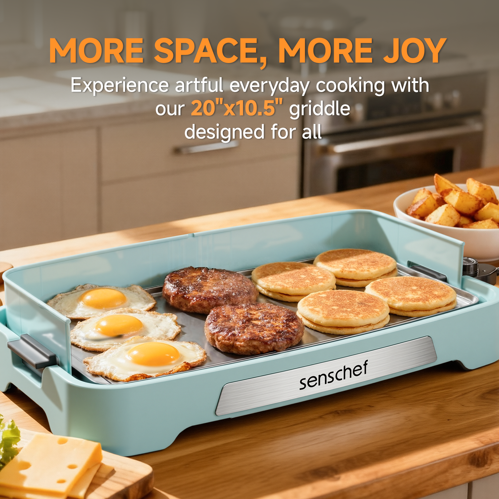 SENSCHEF Cleansnap Everyday Electric Griddle,The Ultimate Gift for Family Feasts - 20” Nonstick Grill with Foldable Anti-Mess Shield, Rapid 1700W Heat & PPG Ceramic Coating, Dishwasher Safe, Saga Blue