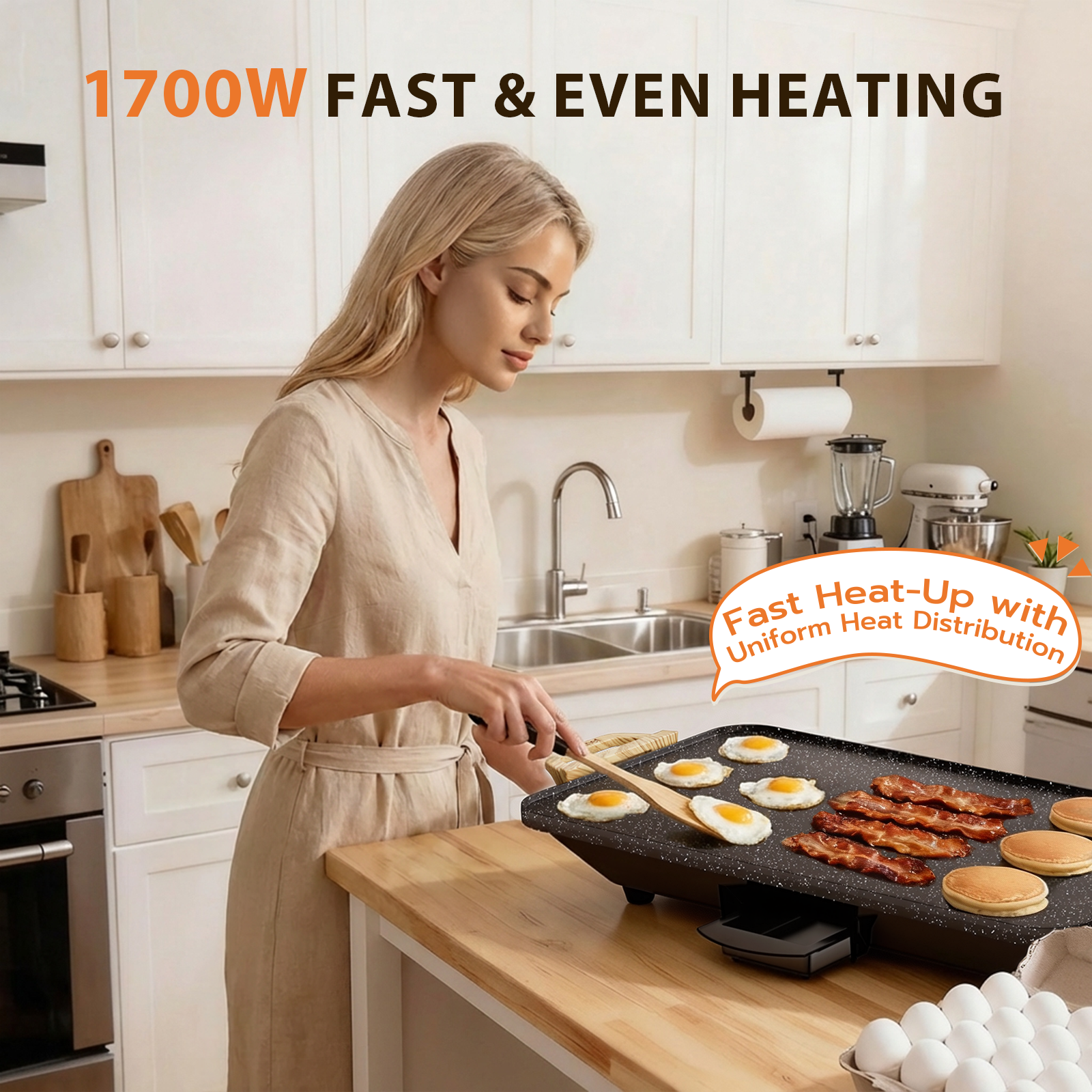 SENSCHEF CookSimple Everyday 20"x12" Electric Griddle–1700W Nonstick ILAG Granite Surface, Large Flat Design, Perfect for Family Meals, Pancakes&Eggs, Fast Even Heating, Easy to Clean, Granite Black