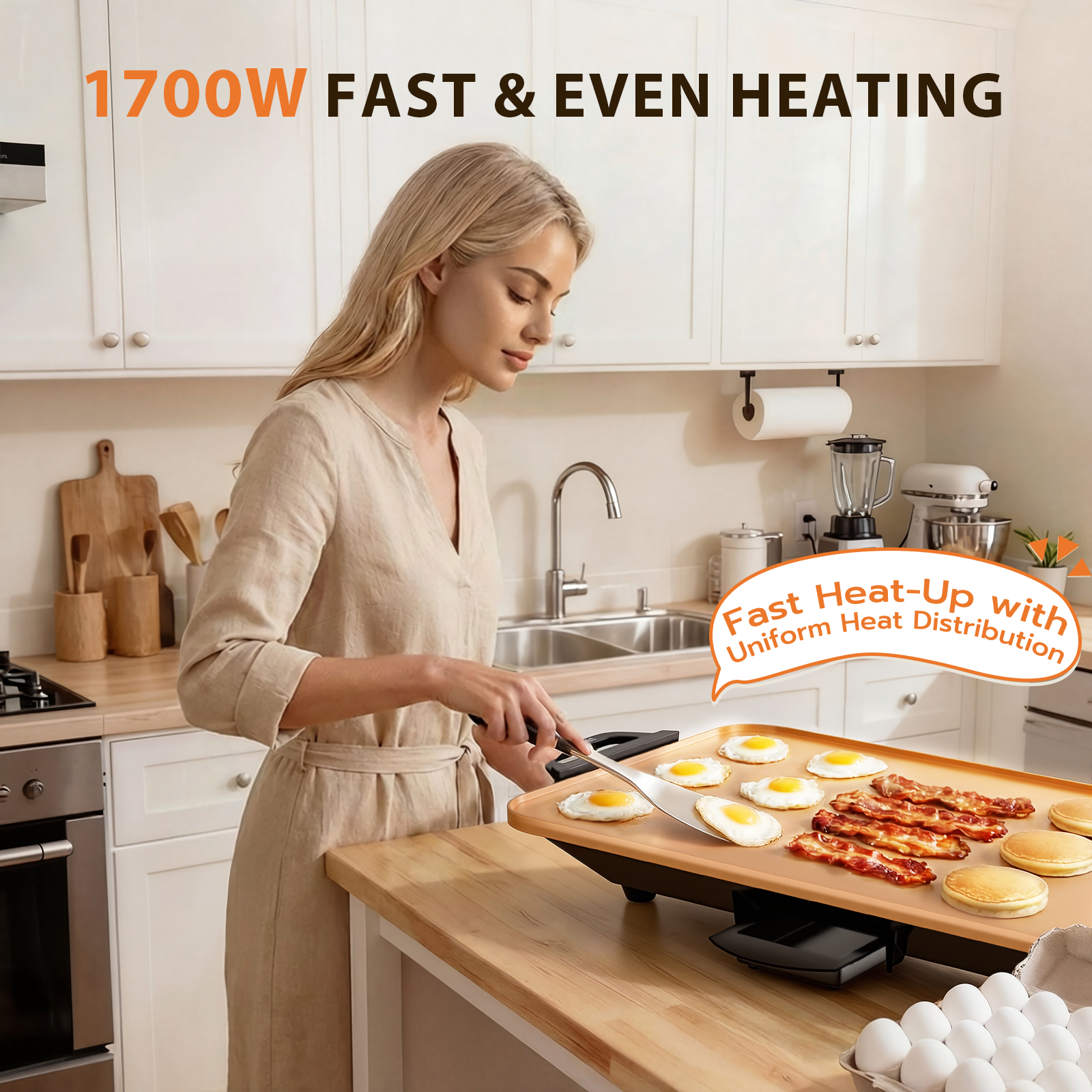SENSCHEF CookSimple Everyday 20"x12" Electric Griddle–1700W Nonstick PPG Ceramic Surface, Large Flat Design, Perfect for Family Meals, Pancakes&Eggs, Fast Even Heating, Easy to Clean, Ceramic Copper