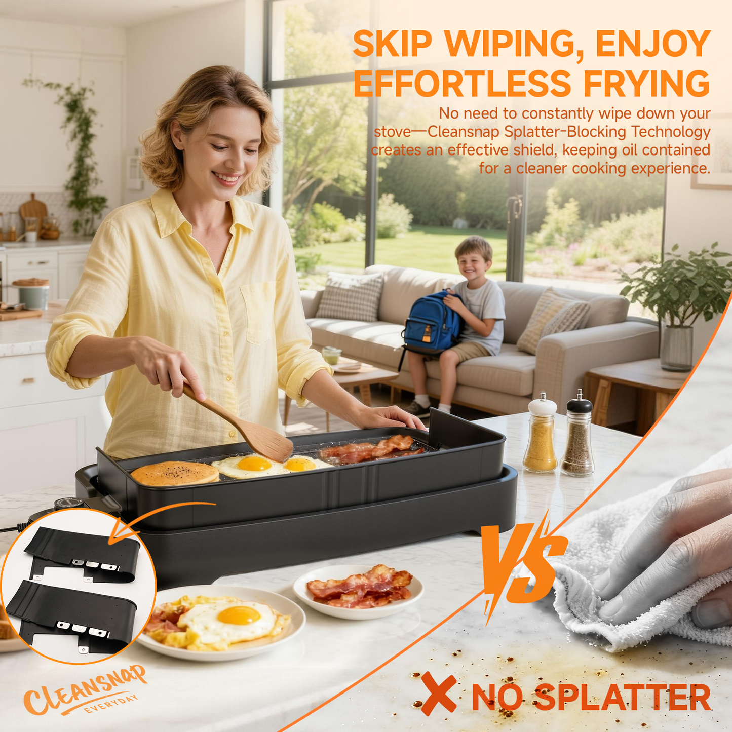 SENSCHEF Cleansnap Everyday Electric Griddle, 20” Nonstick Grill with Foldable Anti-Mess Shield, 1700W Fast Heating, ILAG Ultimate Coating, Dishwasher-Safe Removable Plate, Midnight Black