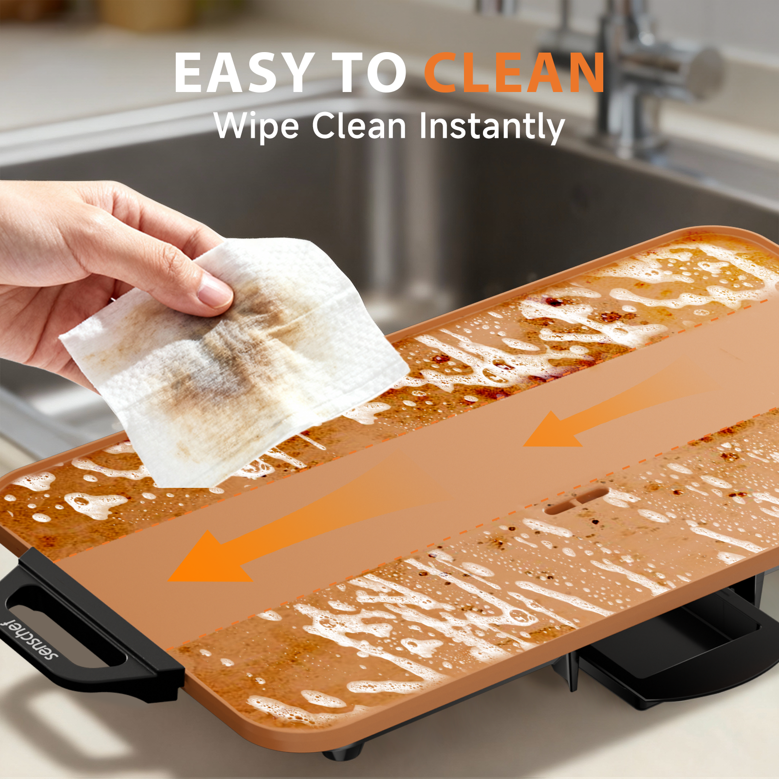 SENSCHEF CookSimple Everyday 20"x12" Electric Griddle–1700W Nonstick PPG Ceramic Surface, Large Flat Design, Perfect for Family Meals, Pancakes&Eggs, Fast Even Heating, Easy to Clean, Ceramic Copper