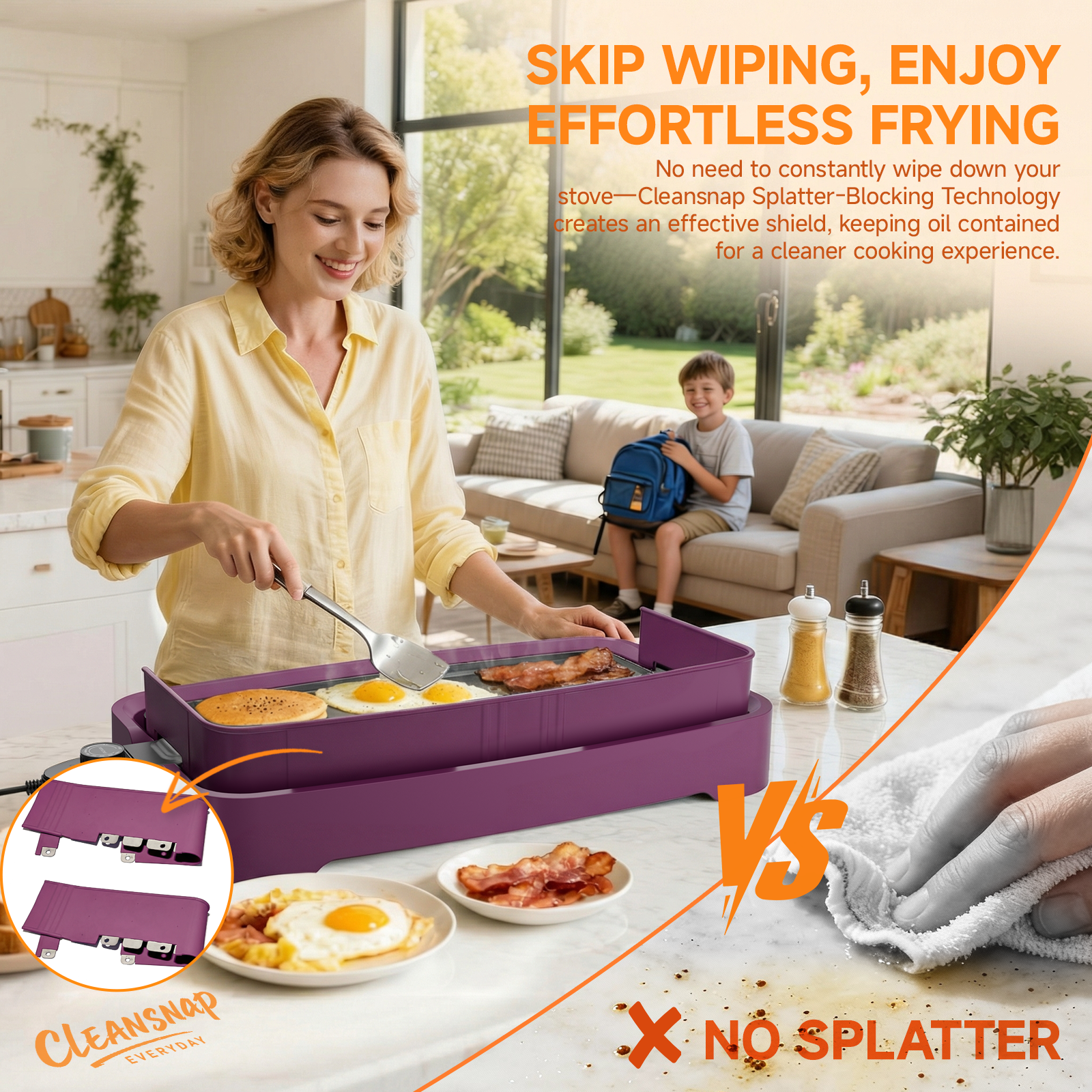 SENSCHEF Cleansnap Everyday Electric Griddle, Great Gift for Family Feasts - 20” Nonstick Grill with Foldable Anti-Mess Shield, Rapid 1700W Heat & PPG Ceramic Coating, Dishwasher Safe, Twilight Purple