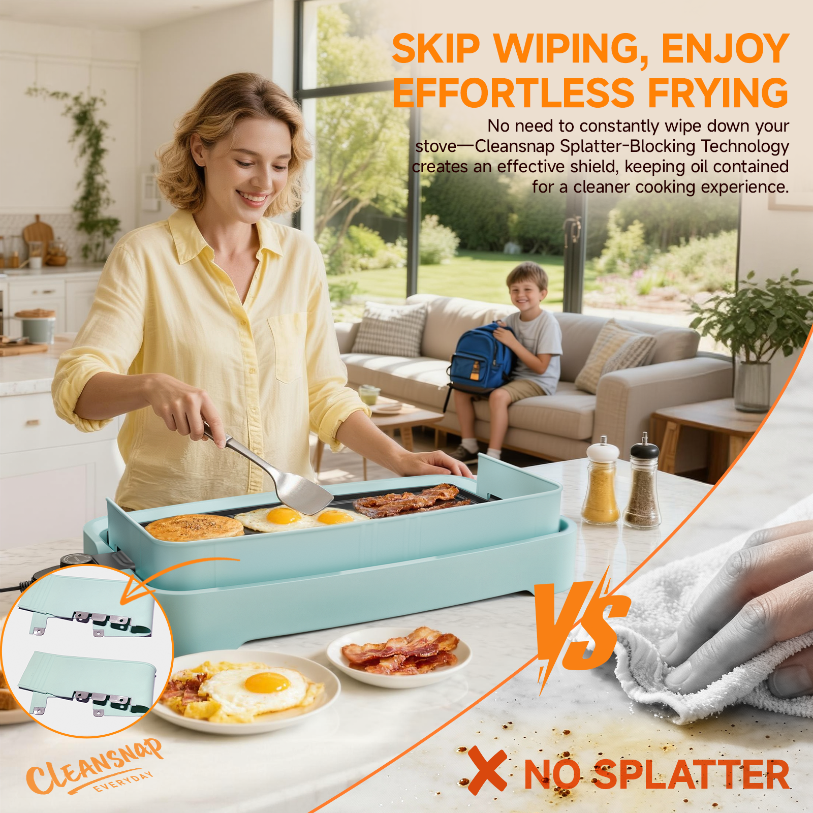 SENSCHEF Cleansnap Everyday Electric Griddle,The Ultimate Gift for Family Feasts - 20” Nonstick Grill with Foldable Anti-Mess Shield, Rapid 1700W Heat & PPG Ceramic Coating, Dishwasher Safe, Saga Blue