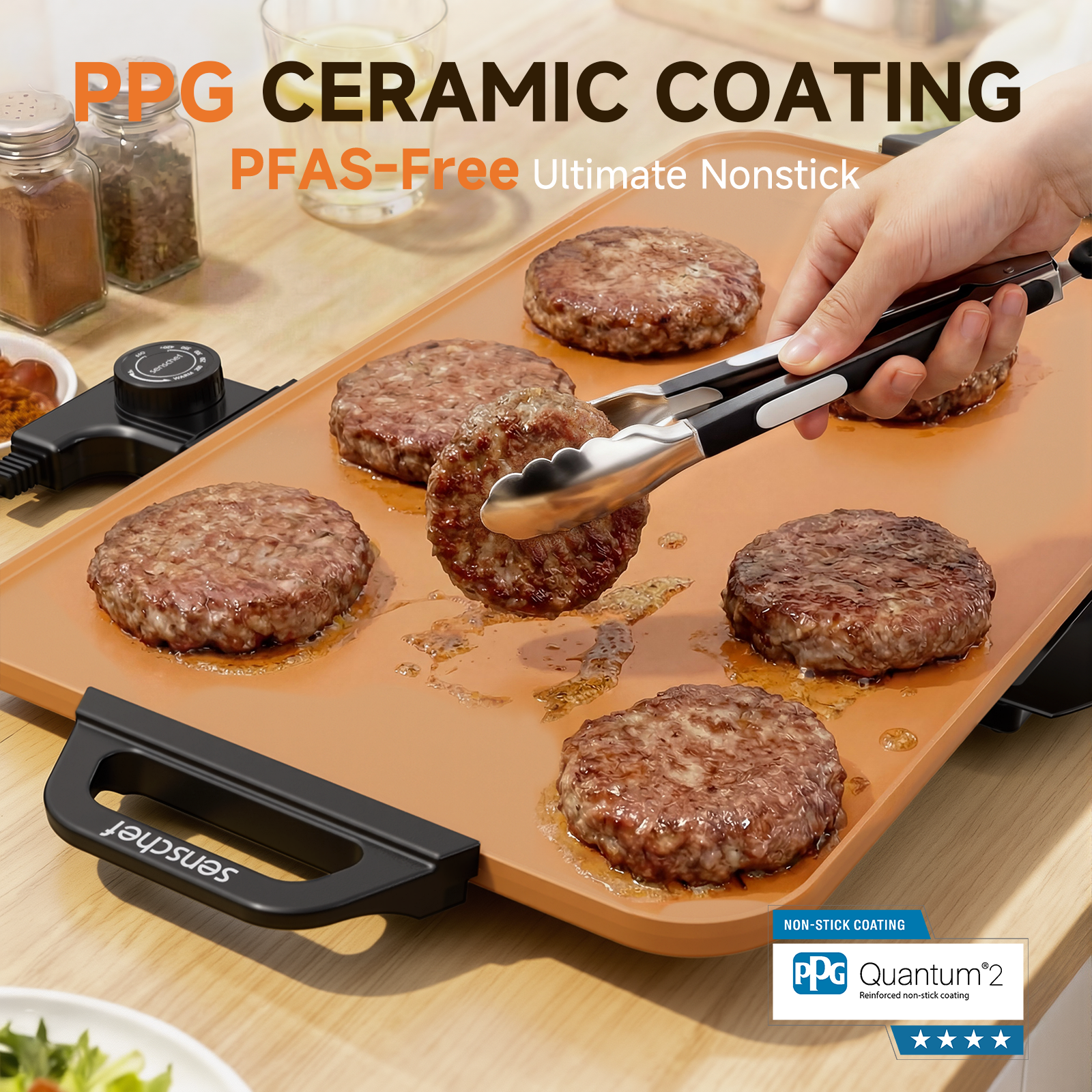 SENSCHEF CookSimple Everyday 20"x12" Electric Griddle–1700W Nonstick PPG Ceramic Surface, Large Flat Design, Perfect for Family Meals, Pancakes&Eggs, Fast Even Heating, Easy to Clean, Ceramic Copper