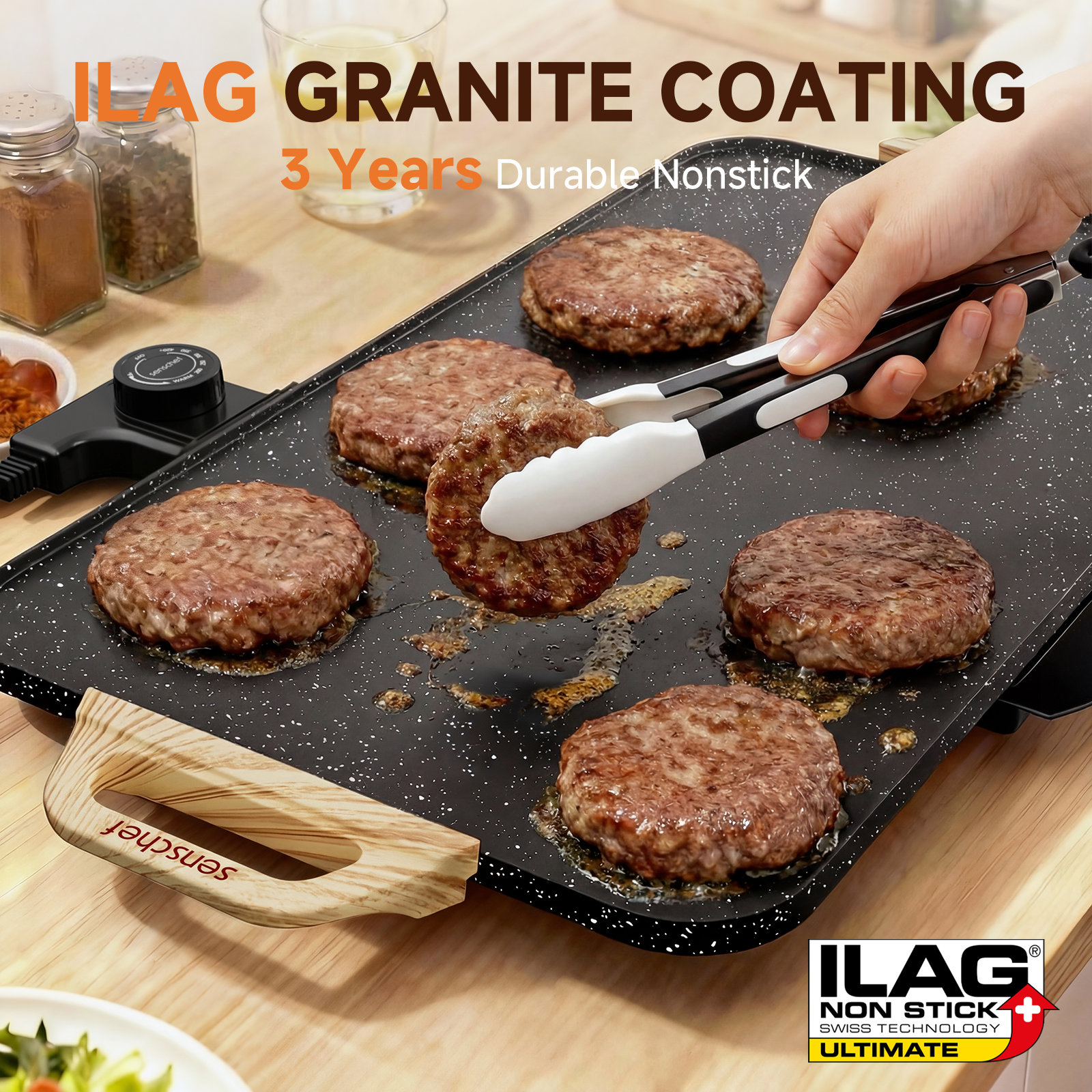 SENSCHEF CookSimple Everyday 20"x12" Electric Griddle–1700W Nonstick ILAG Granite Surface, Large Flat Design, Perfect for Family Meals, Pancakes&Eggs, Fast Even Heating, Easy to Clean, Granite Black