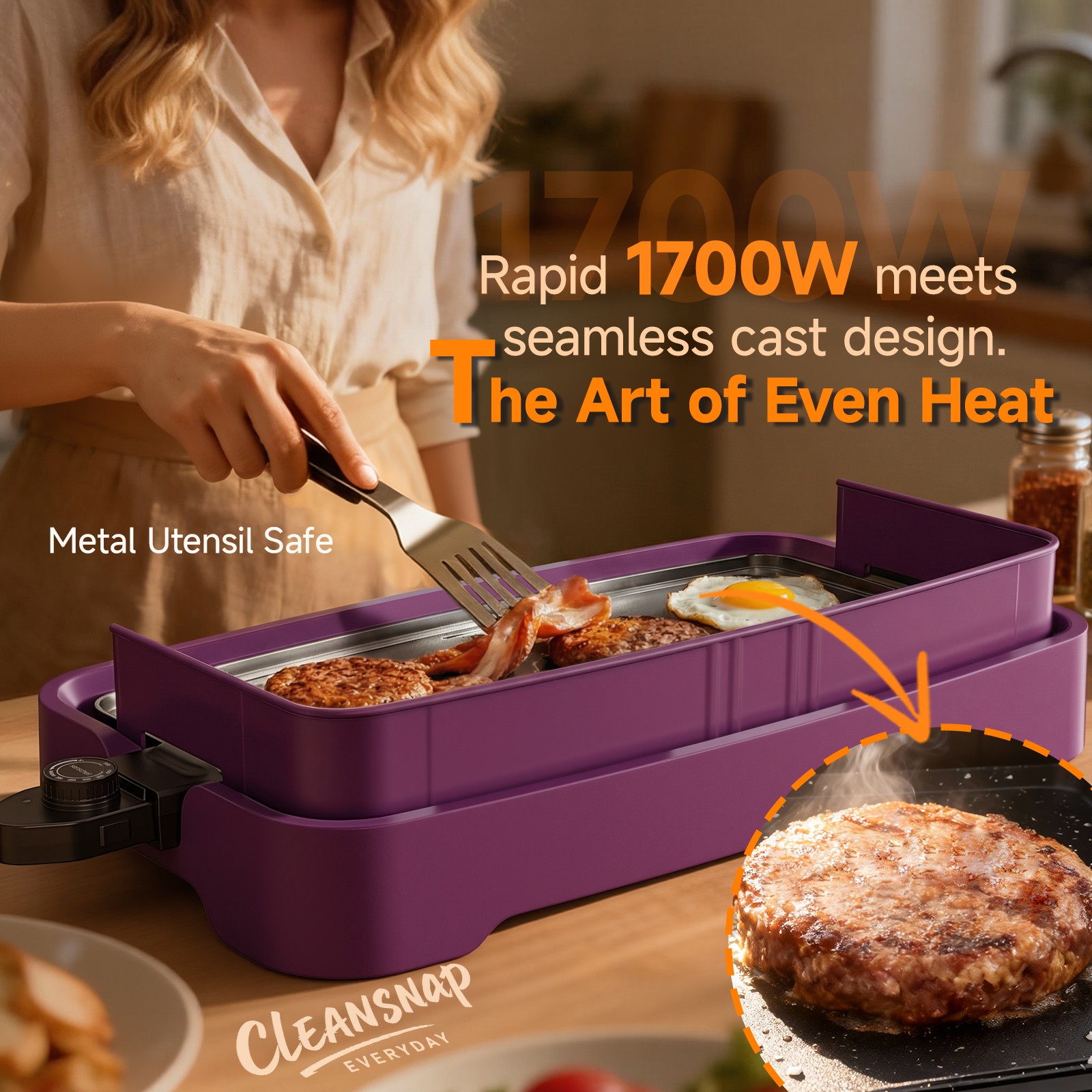 SENSCHEF Cleansnap Everyday Electric Griddle, Great Gift for Family Feasts - 20” Nonstick Grill with Foldable Anti-Mess Shield, Rapid 1700W Heat & PPG Ceramic Coating, Dishwasher Safe, Twilight Purple