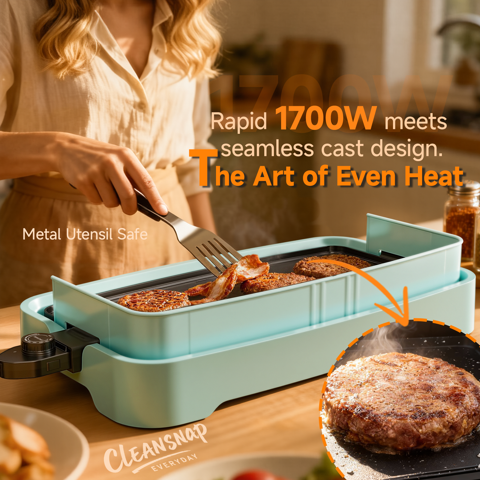 SENSCHEF Cleansnap Everyday Electric Griddle,The Ultimate Gift for Family Feasts - 20” Nonstick Grill with Foldable Anti-Mess Shield, Rapid 1700W Heat & PPG Ceramic Coating, Dishwasher Safe, Saga Blue