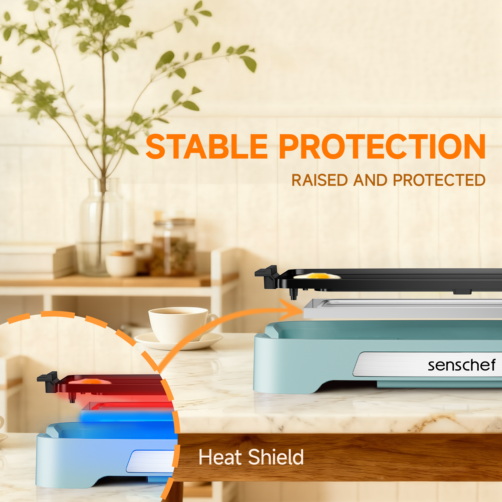 SENSCHEF Cleansnap Everyday Electric Griddle,The Ultimate Gift for Family Feasts - 20” Nonstick Grill with Foldable Anti-Mess Shield, Rapid 1700W Heat & PPG Ceramic Coating, Dishwasher Safe, Saga Blue