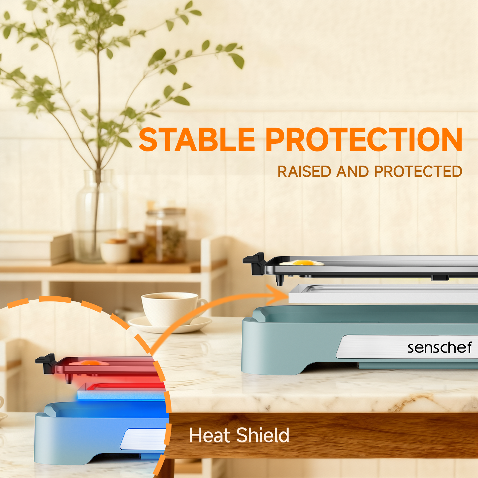SENSCHEF Cleansnap Everyday Electric Griddle,The Ultimate Gift for Family Feasts - 20” Nonstick Grill with Foldable Anti-Mess Shield, Rapid 1700W Heat & PPG Ceramic Coating, Dishwasher Safe, Saga Blue