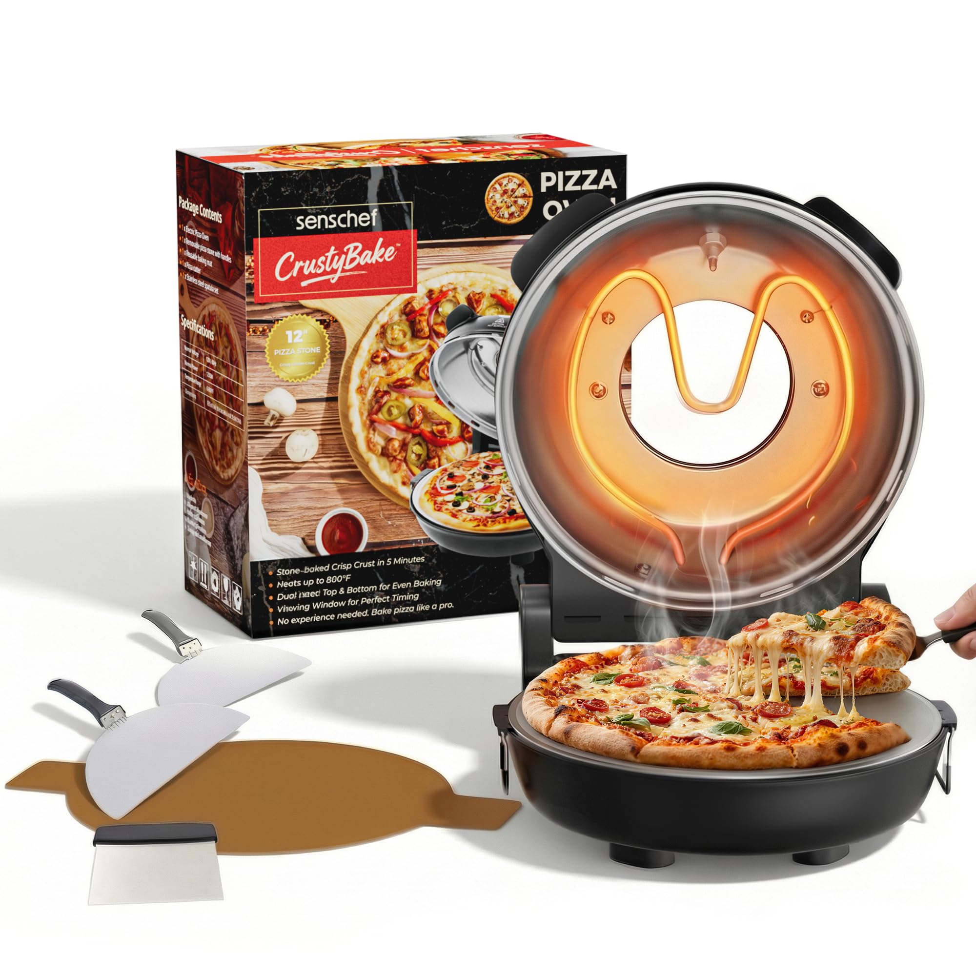 SENSCHEF 12-Inch CrustyBake Beginner's Ceramic Stone Pizza Oven: Quick 800°F Heating, Easy-Clean Design, Recipe Book & All Tools Included - Perfect for First-Time Pizza Makers at Home