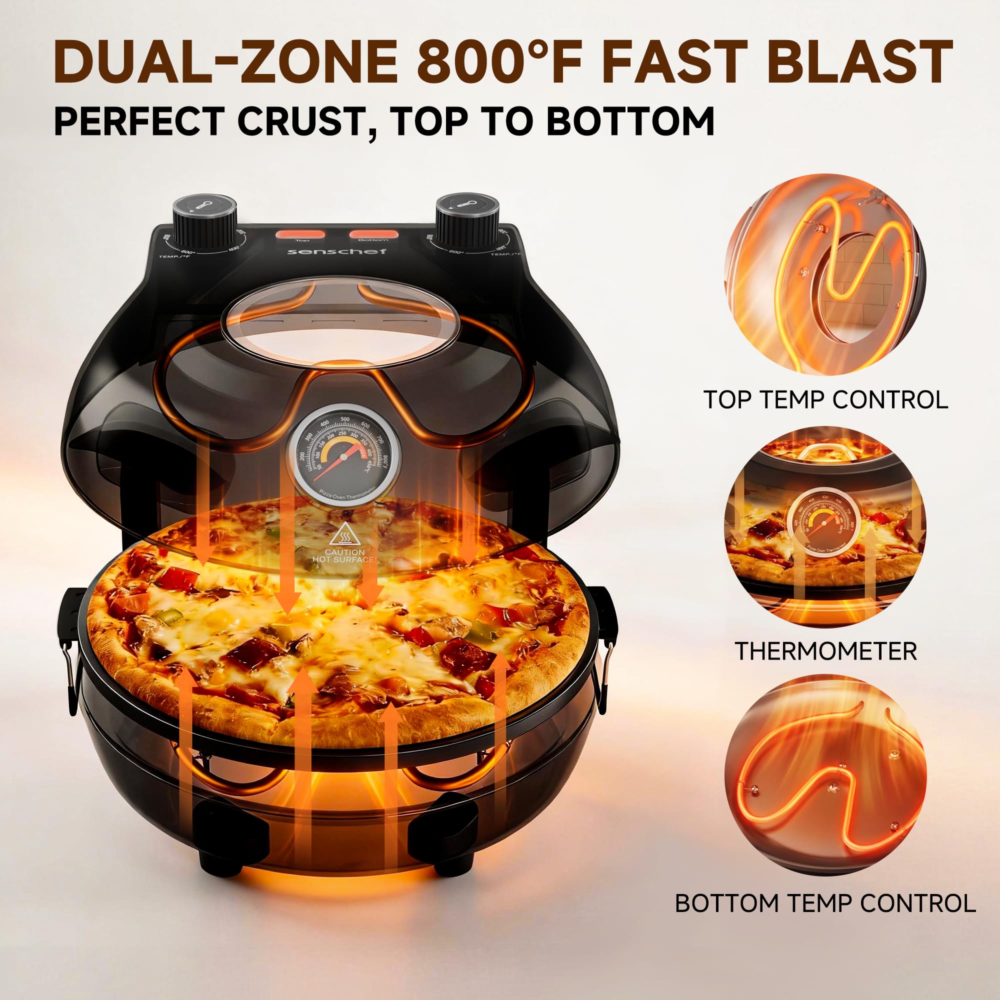 SENSCHEF 12-Inch CrustyBake Beginner's Glazed Stone Pizza Oven: Quick 800°F Heating, Easy-Clean Design, Recipe Book & All Tools Included - Perfect for First-Time Pizza Makers at Home