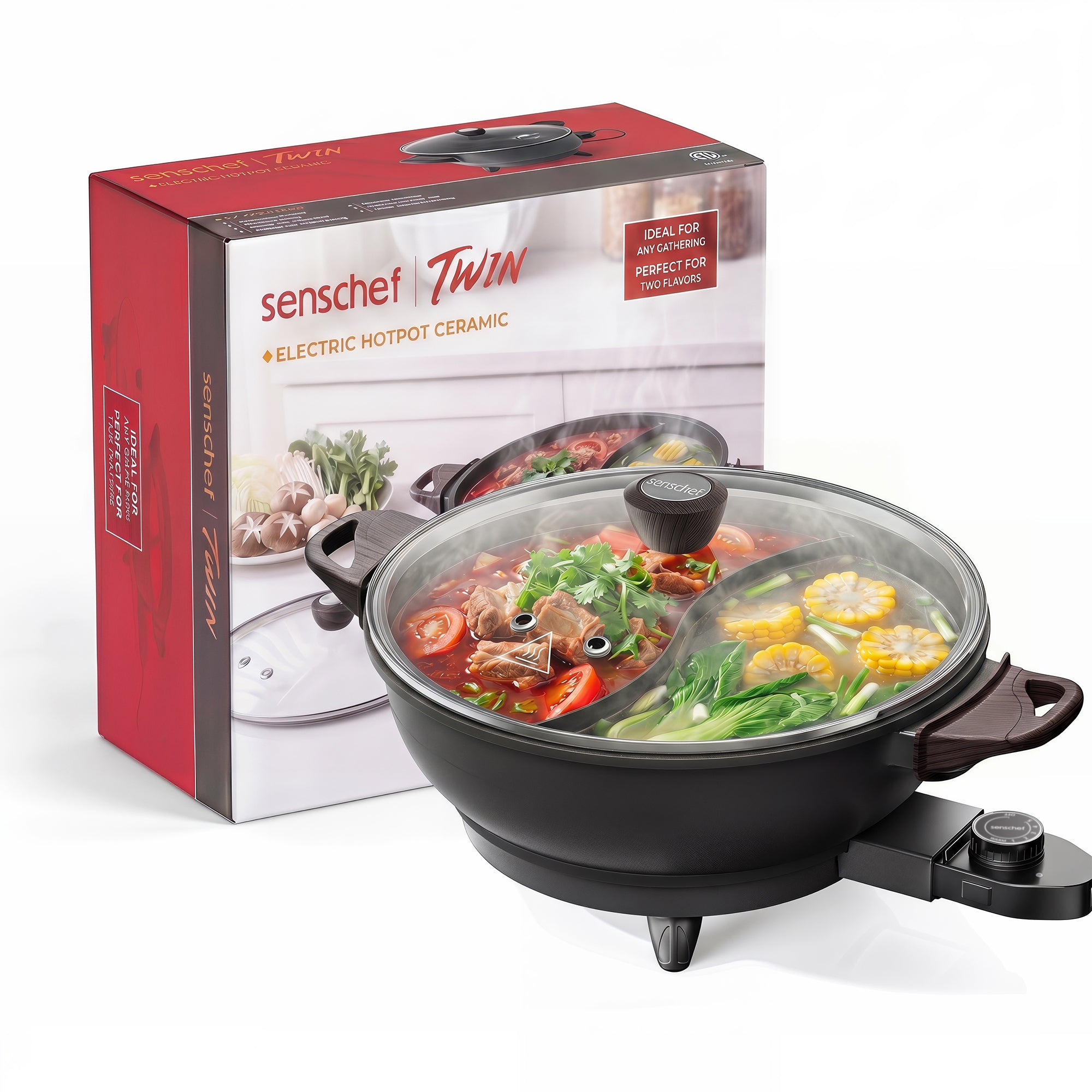 SENSCHEF Electric Hot Pot with Divider | PFAS-Free Ceramic Nonstick Pot | EvenHeat Cast Aluminum Body | 1500W Fast Heating | Dual-Flavor Shabu Shabu Pots for Family Use | 1-Yr Warranty