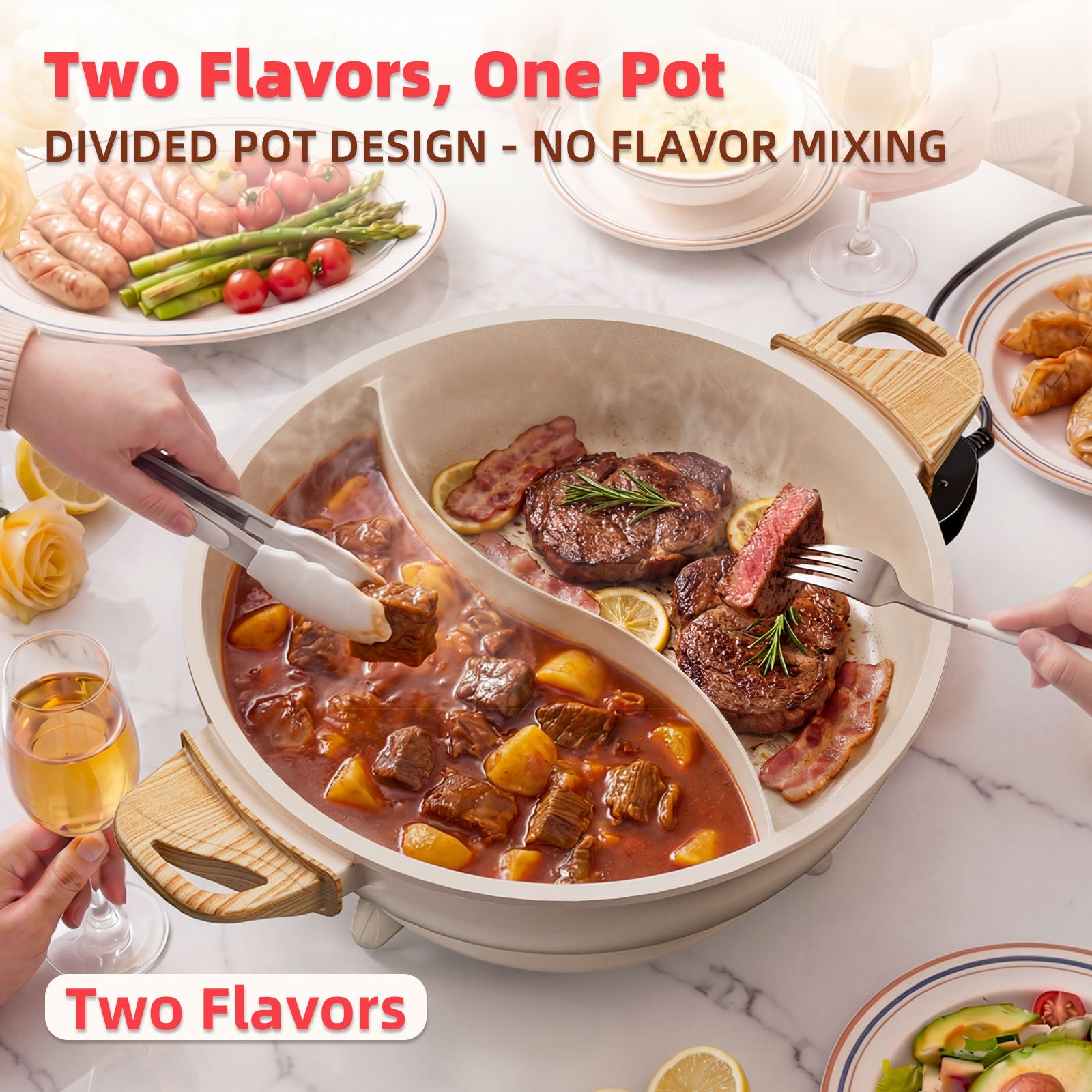 SENSCHEF TWIN™ Electric Hot Pot with Divider | PFAS-Free Ceramic Nonstick Pot | EvenHeat Cast Aluminum Body | 1500W Fast Heating | Dual-Flavor Shabu Shabu Pots | 1-Yr Warranty | Ceramic Apricot