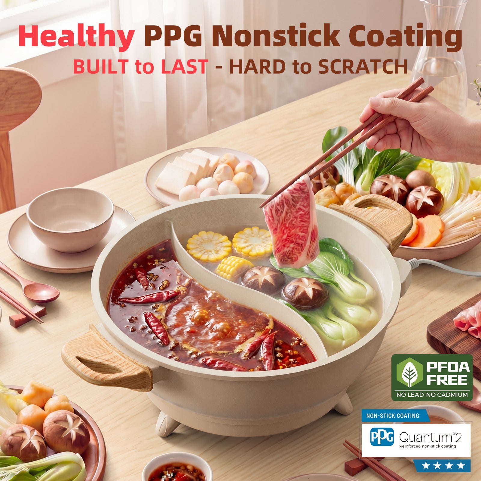SENSCHEF TWIN™ Electric Hot Pot with Divider | PFAS-Free Ceramic Nonstick Pot | EvenHeat Cast Aluminum Body | 1500W Fast Heating | Dual-Flavor Shabu Shabu Pots | 1-Yr Warranty | Ceramic Apricot