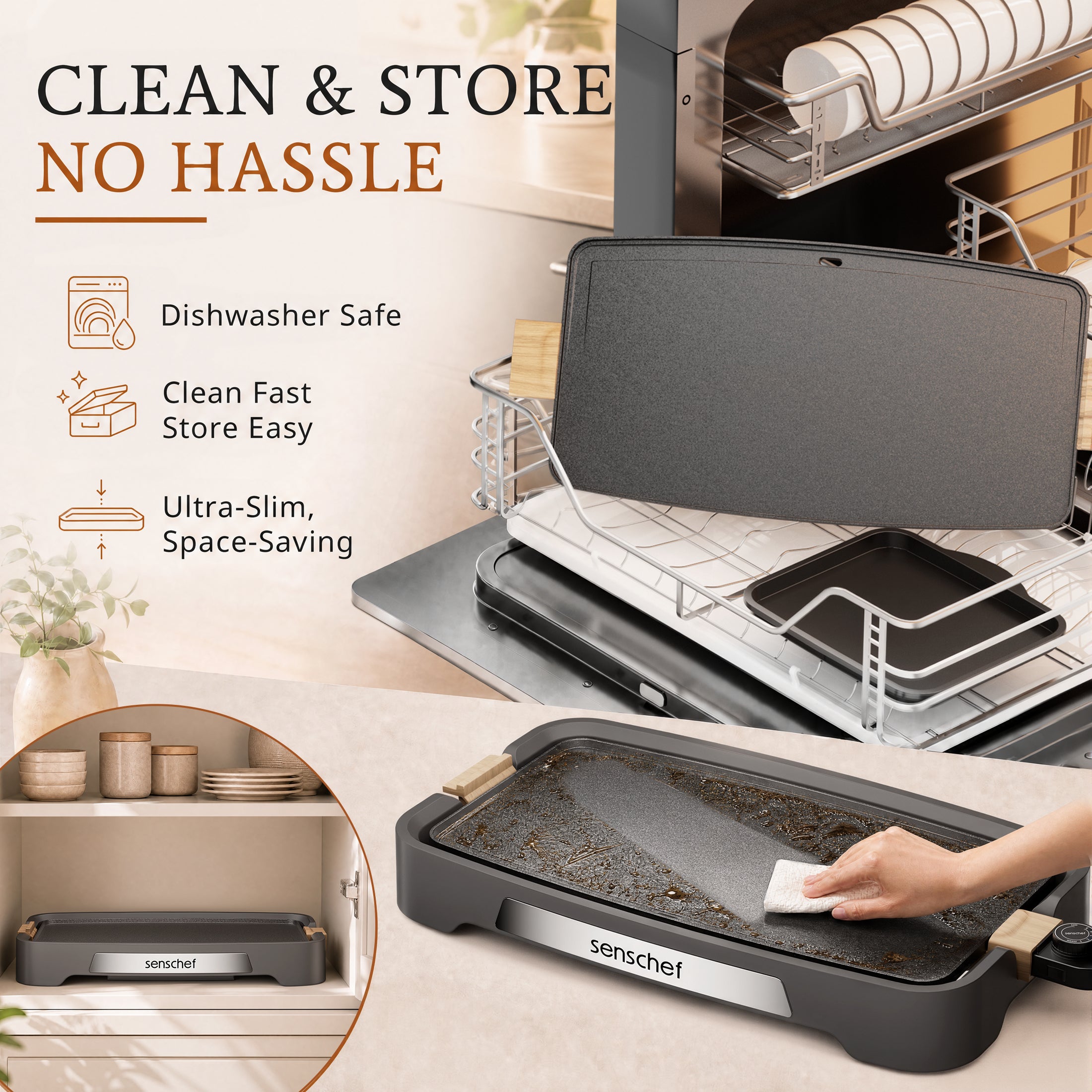 SENSCHEF 20 inch Electric Griddle, 1700W Rapid Heating, Foldable Anti-Mess Shield, ILAG Nonstick, Dishwasher Safe